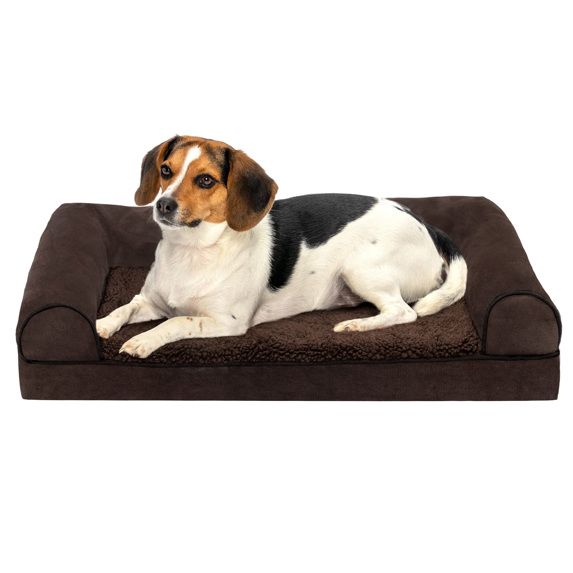 Furhaven Medium Orthopedic Dog Bed Sherpa & Chenille Sofa-Style w/Removable Washable Cover - Coffee, Medium