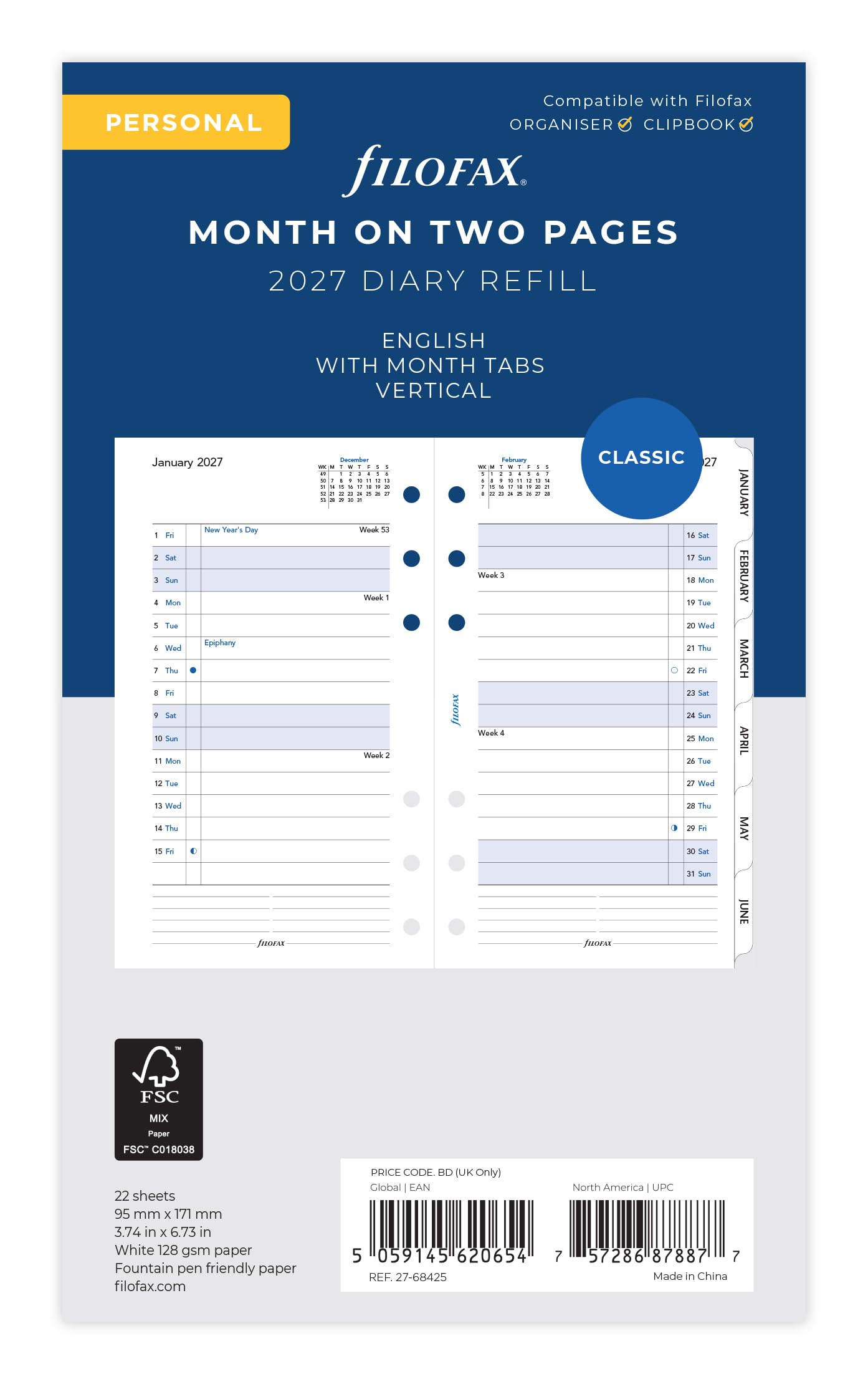 Filofax Personal Month on two pages English block format tabbed 2027 diary 27-68425