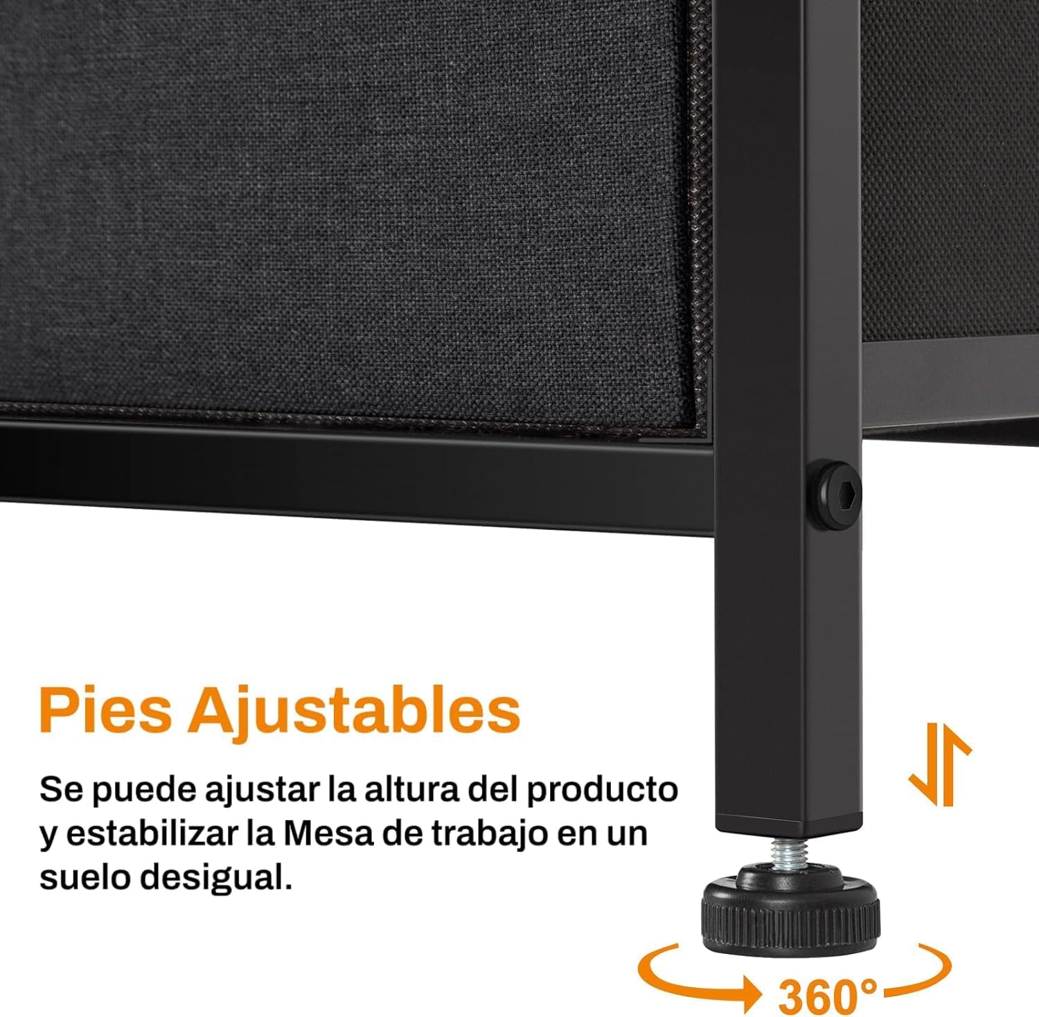 Close-up of an adjustable foot on the dresser, indicating 360-degree rotation for leveling.