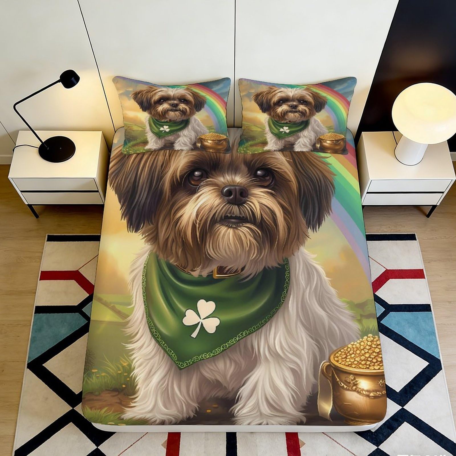 3D Printed Dog Rainbow Fitted Sheet Microfiber Deep Pocket Non-Slip Dog Rainbow Mattress Fitted Cover for Bedroom Bedding 200x200x25cm