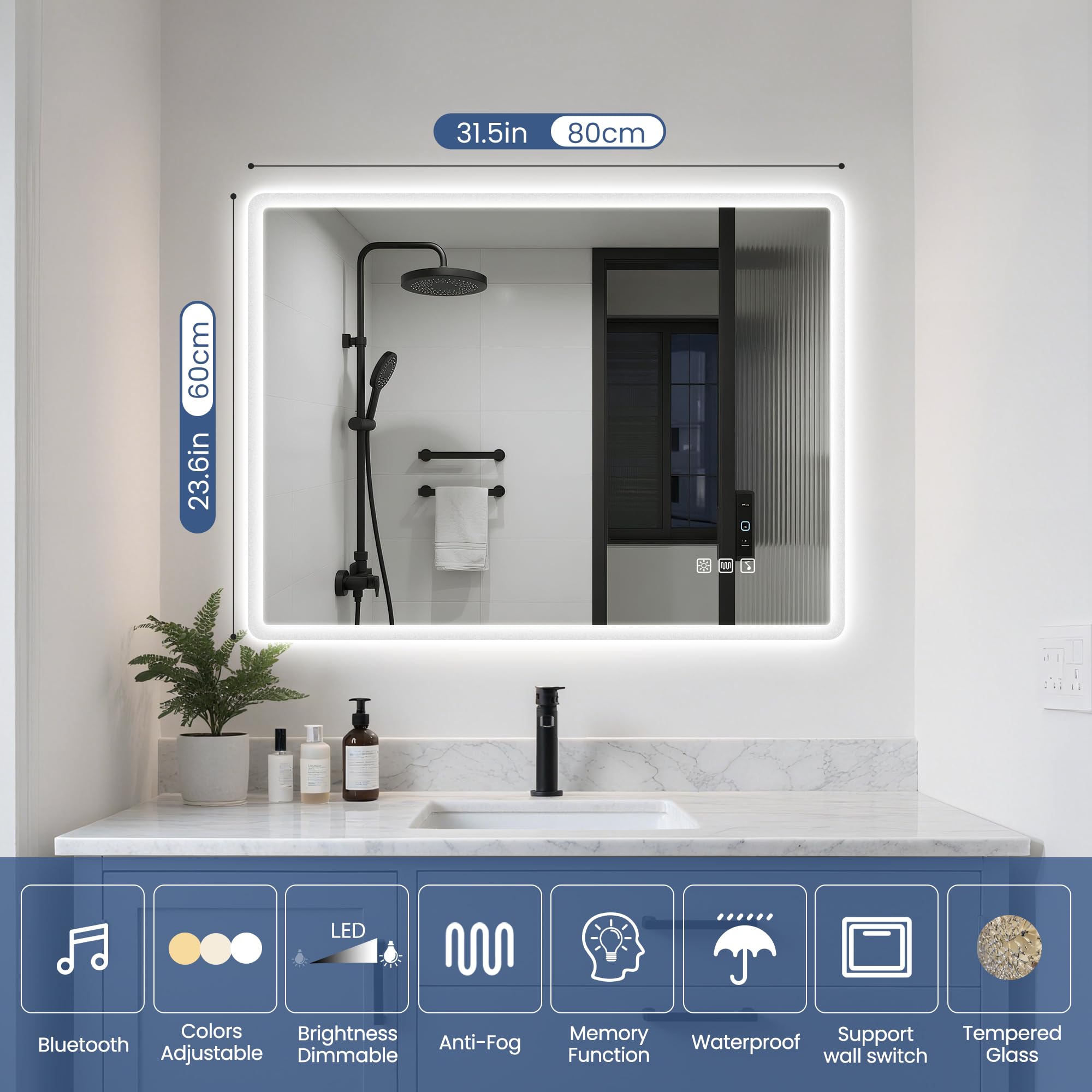 STARLEAD Lustro łazienkowe 600 x 800 mm ze światłami LED na ścianę, Bluetooth, przeciwmgielne, 3 kolory, ściemniane, łazienkowe lustro LED, funkcja pamięci, szkło hartowane HD