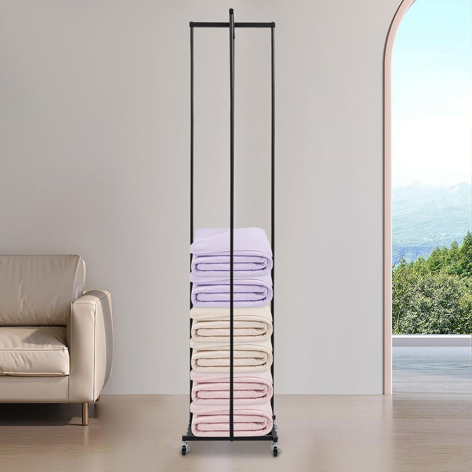Rolling Pillow Storage Rack Organizer, 77" Height Floor Standing Pillow Display Rack with Wheel, Metal Throw Pillow Stand for for Home, Retails & Hotels (Black)