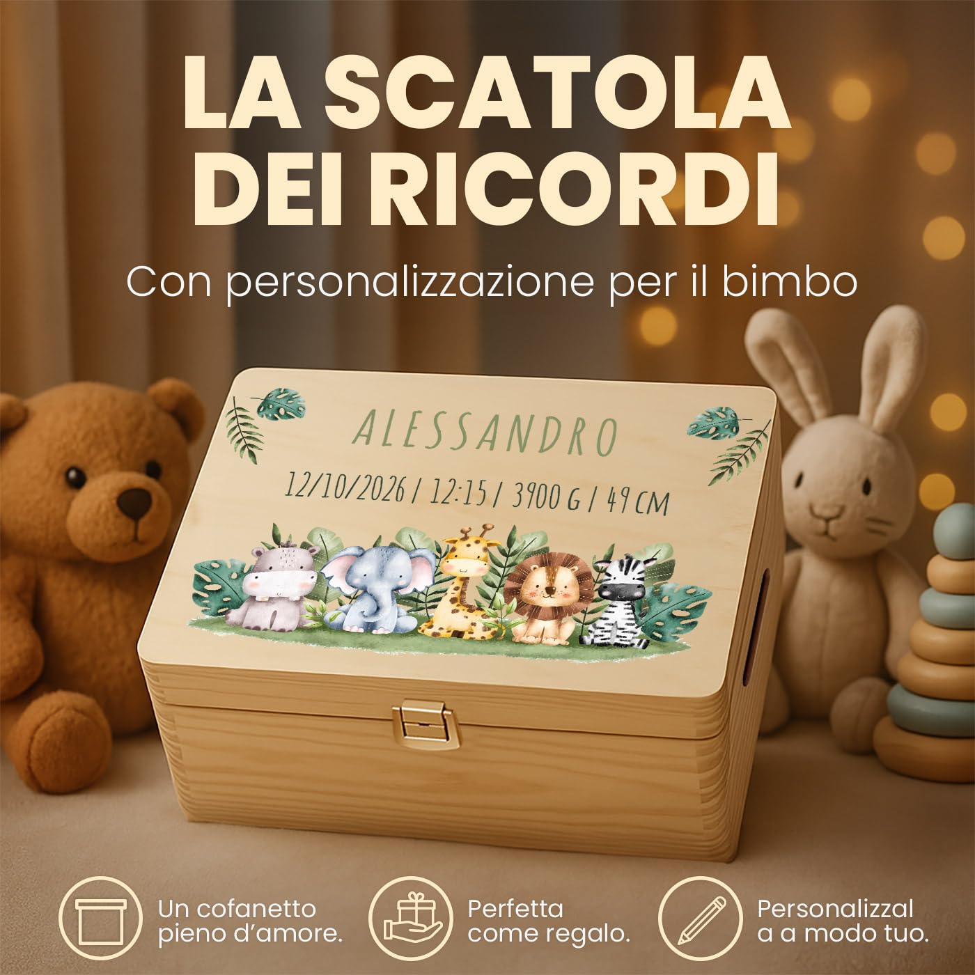 Maverton Scatola Ricordi Neonato o Neonata Personalizzata - Scatola Regalo per Bambini in Legno di Pino Naturale - Regalo Battesimo Bimbo o Bimba - regalo di Natale - Porta Oggetti per Ricordi Nascita - 3