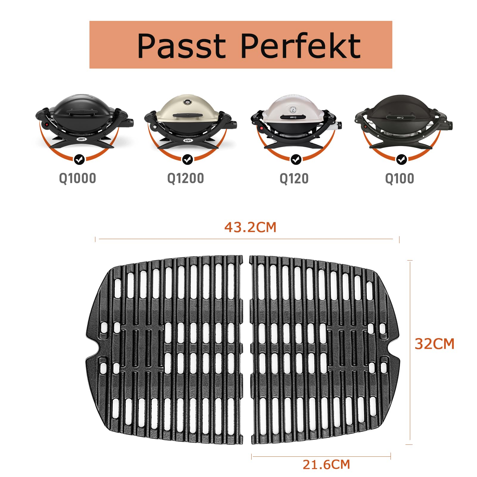 7644 Gusseisen Grillrost für Weber Q100, Q1000, Q120, Q1200, Q1400 Zubehör Gasgrill, 32 x 21.6cm Grillrost Gusseisen Ersatzteile Zubehör, Grillplatte für Weber Grill Baby-Q Gekauft Ersatzteile, 2Pack