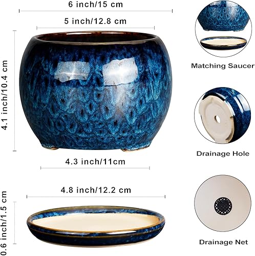 Miniatura 3 de SQOWL Maceta de cerámica de 6 pulgadas con orificio de drenaje y platillo, maceta redonda para suculentas para plantas de interior y exterior, color