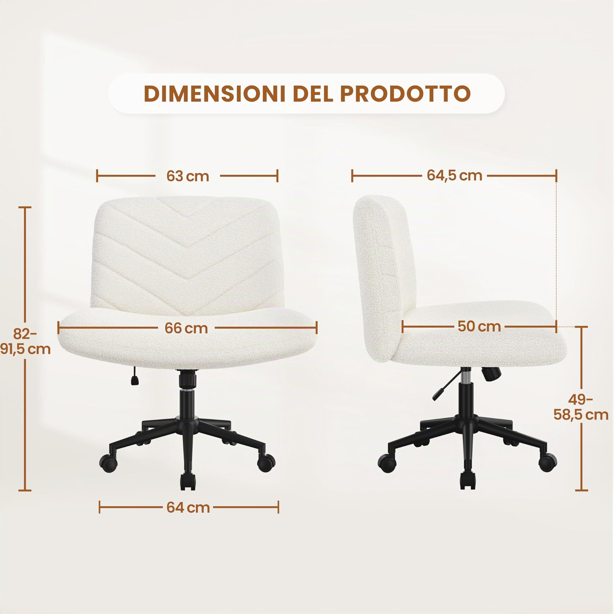 Yaheetech Sedia Ufficio Scrivania Girevole con Ruote Senza Braccioli in Tessuto Schienale Reclinabile con Ampio Cuscino Altezza Regolabile, per Studio Camera, Avorio