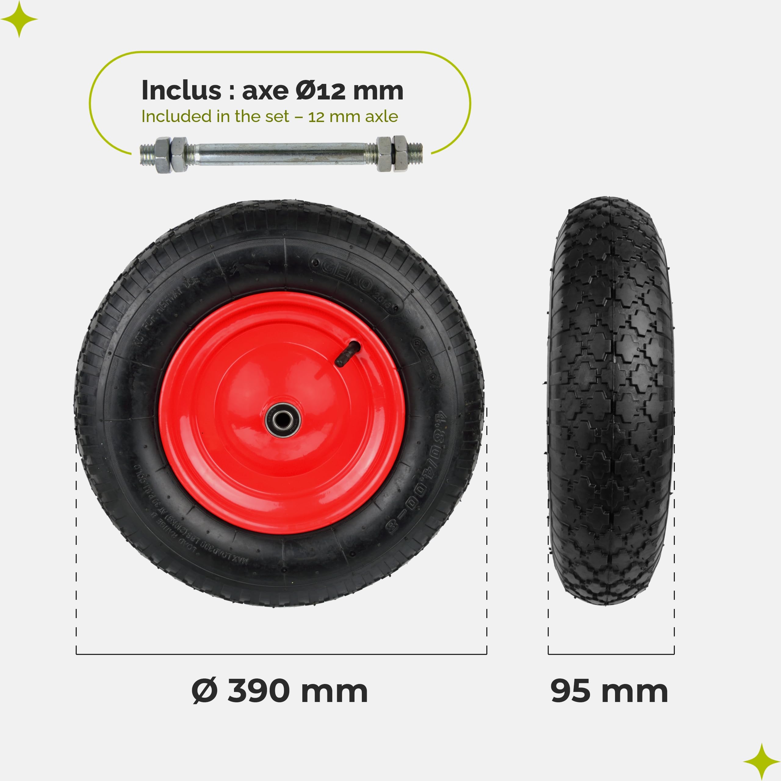 Garronda Roue de brouette 4.80/4.00-8 avec axe, pneumatique 2PR Ø 390×95 mm, jante acier peinte, doubles roulements, valve auto, moyeu 97 mm alésage 12 mm – roue de remplaceme GD-0163, Noir-Rouge