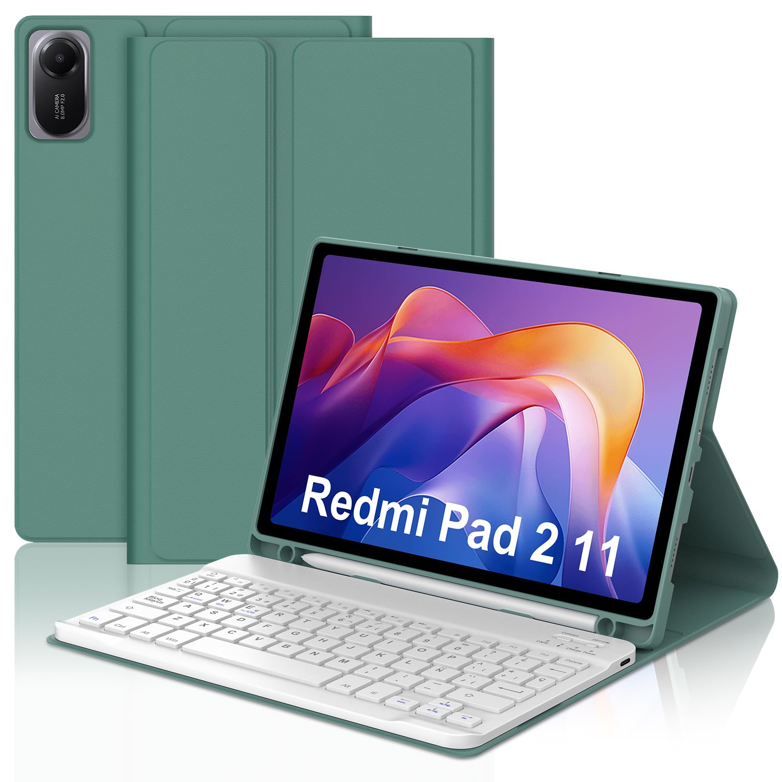 FOGARI Teclado para Redmi Pad 2 11" 2025, Funda para Xiaomi Redmi Pad 2 con Español Ñ Teclado Bluetooth Magnético Desmontable para Tablet Redmi Pad 2 11" 2025, Verde Oscuro