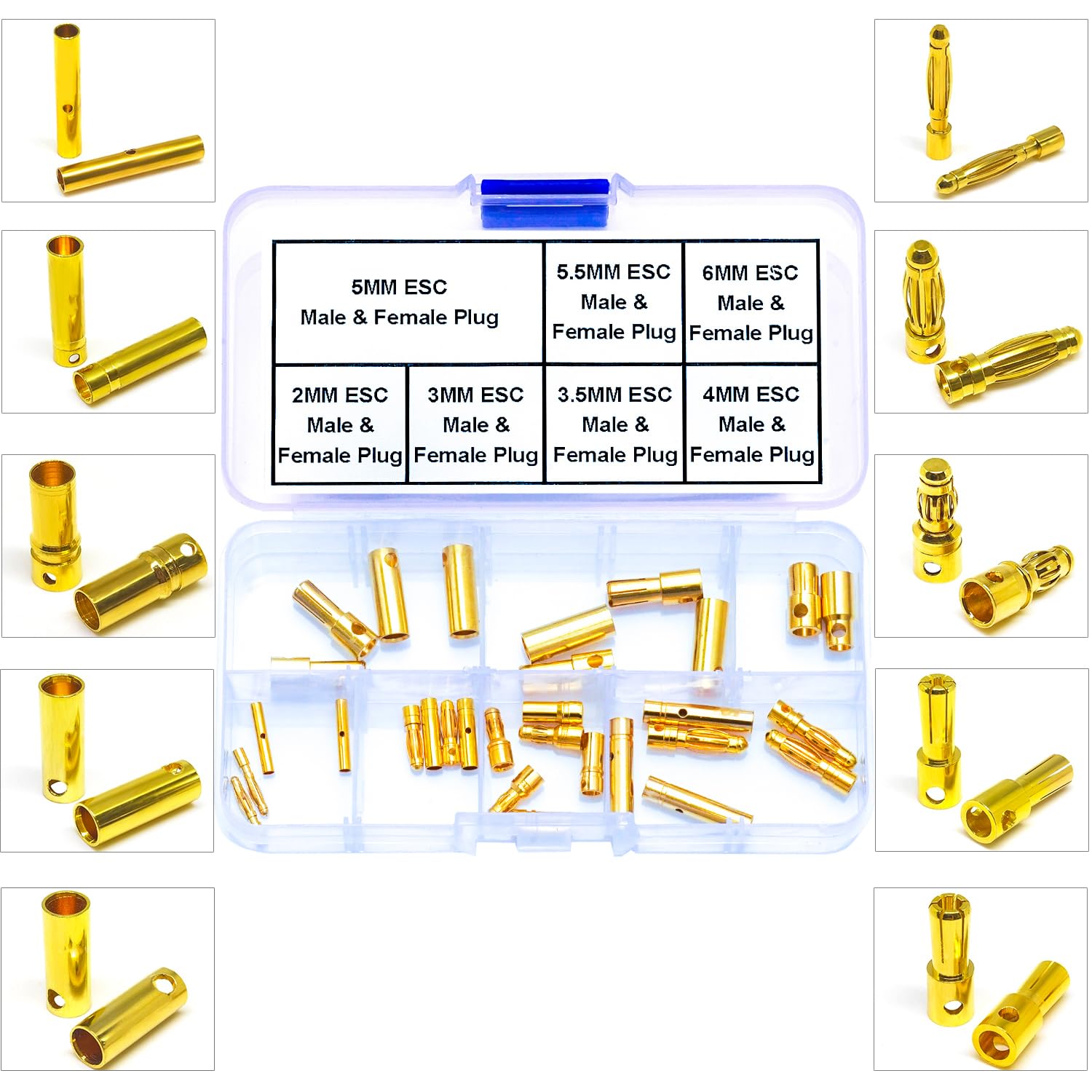 Yoeruyo ESC Male Female Plugs Assorted Kit, RC Bullet Connectors 2mm 3mm 3.5mm 4mm 5mm 5.5mm 6mm Female Male Gold Bullet Connector Banana ESC Plug for DIY RC Battery ESC Motor (ESC-Kit)