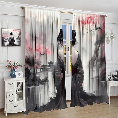 Miniatura 37 de Cortina japonesa, pintura de tinta tradicional retro con diseño de gato rojo cerezo en flores, cortinas con aislamiento térmico y bolsillo