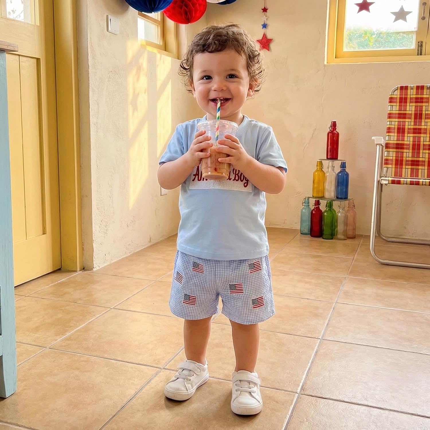 Toddler Baby Boy 4th of July Outfits Letter Embroidery Short Sleeve T-Shirt and Elastic Shorts Sets Summer Clothes