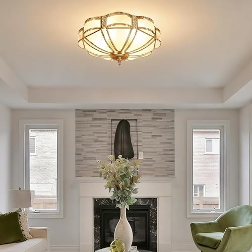 Lámpara de techo retro de latón americano, lámpara de techo de forma redonda con pantalla de vidrio esmerilado (17.71 pulgadas de ancho)