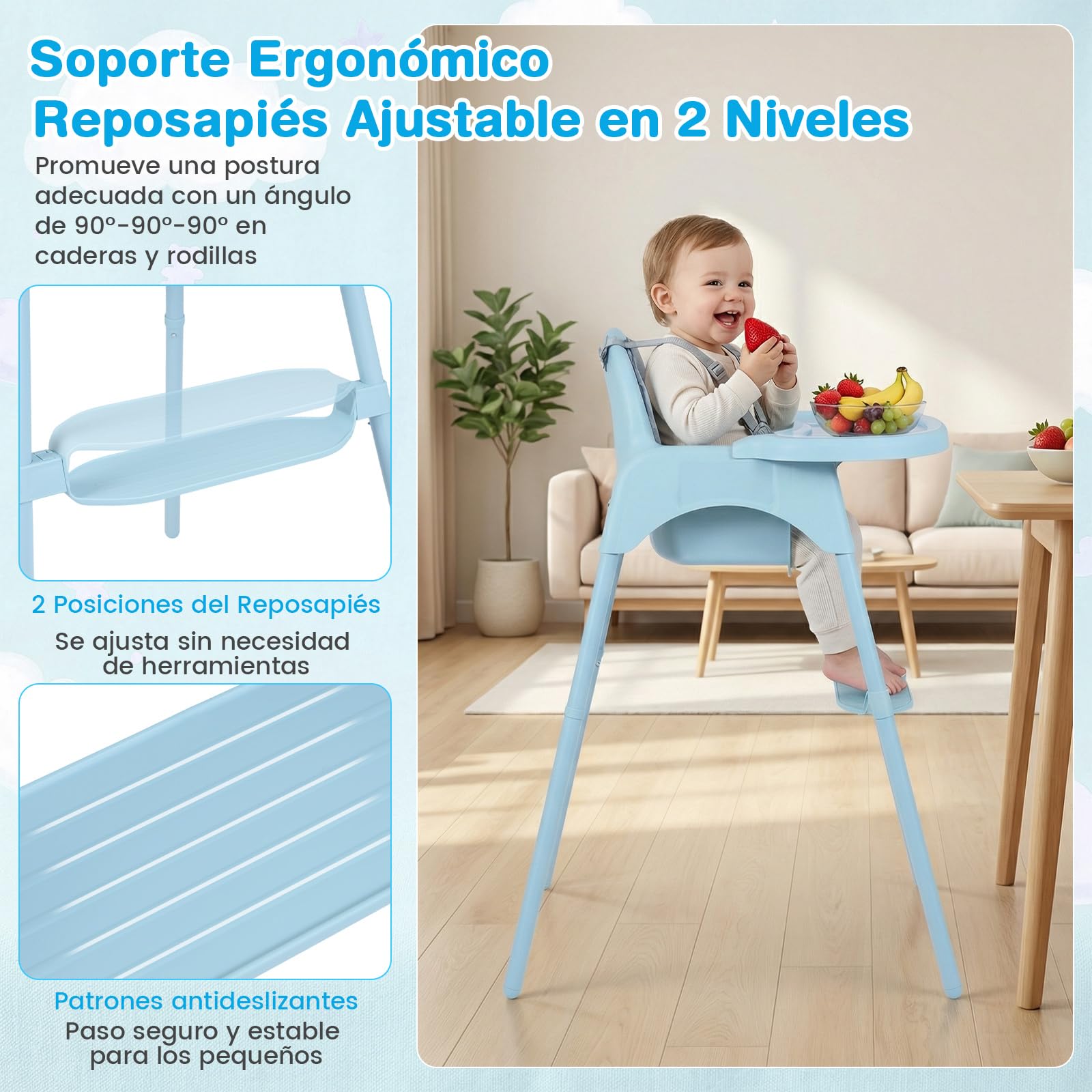 COSTWAY 4 en 1 Tronas de Bebe, Trona Infantil Convertible con 2 Alturas, Bandeja Doble Extraíble, Arnés de Seguridad de 5 Puntos, Reposapiés, Silla de Comer para Bebes de 6-36 Meses (Azul)