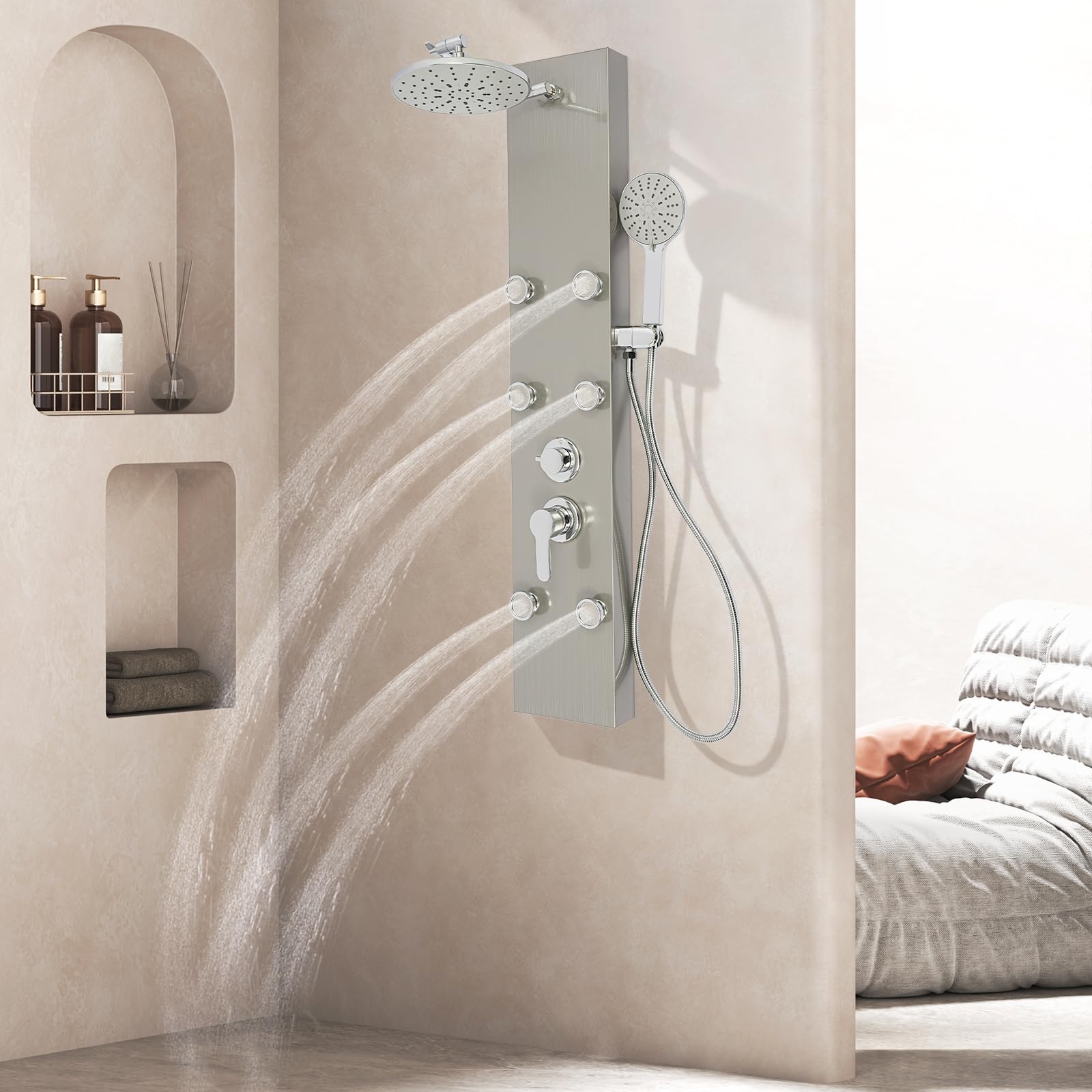 Panel prysznicowy z 6 regulowanymi dyszami do masażu 22 cm i 3-stopniową słuchawką prysznicową, kolumna prysznicowa ze stali nierdzewnej z wężem 1,5 m, zestaw paneli prysznicowych montowany na ścianie