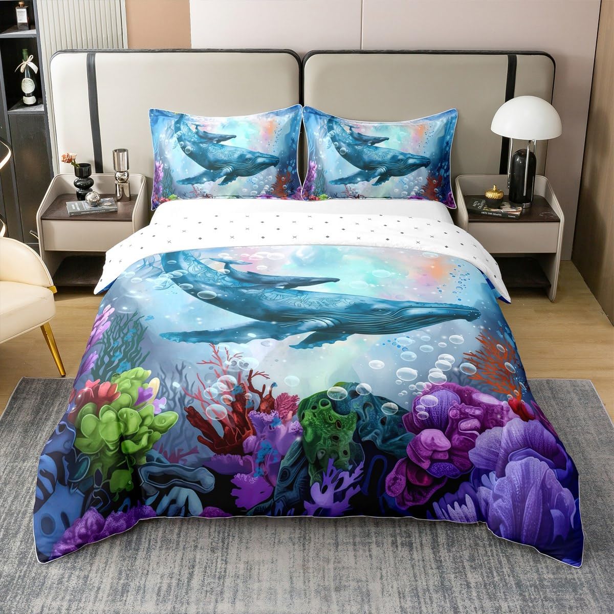 jejeloiu Ocean Theme 100% Cotton Duvet Cover,Marine Life Sealife Bedding Set King Size,Navy Blue White Geometric Stripes Bedroom Home Decor,Summer Hawaiian Beach Pattern All Season（No Comforter