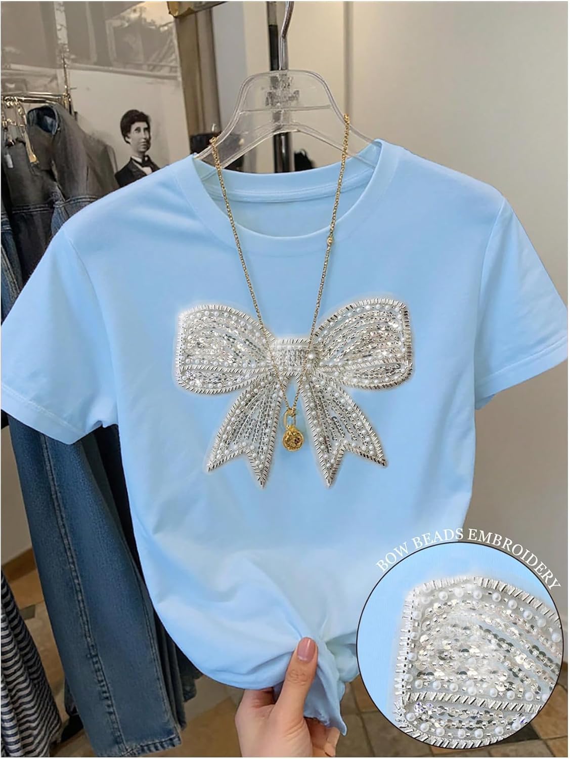 QJQ Women's Beaded Sequin Bowknot Bow Tees Short Sleeve Crewneck Tshirts Casual Summer Trendy Y2k Tops 2026 - Image 5