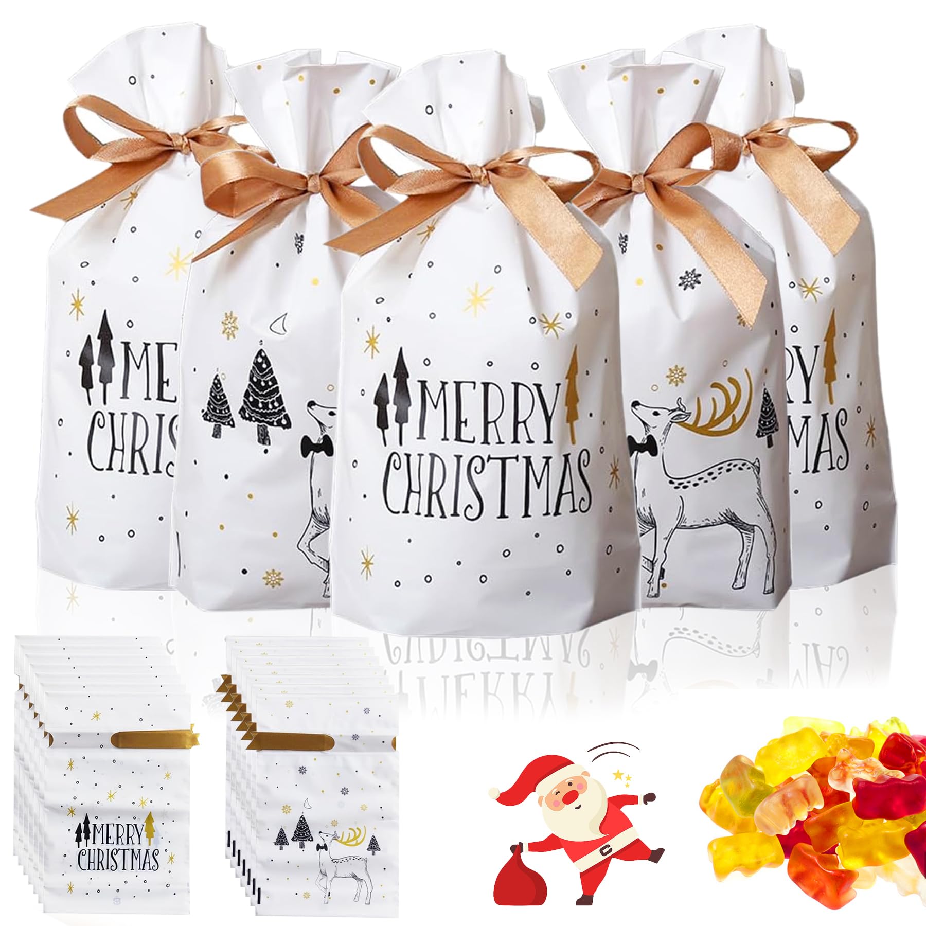 50 Weihnachts-Geschenktüten Mit Kordelzug – 5 Designs, Umweltfreundliches PEVA, Ca. 23x15 Cm (für Süßigkeiten, Kekse, Kleinigkeiten)