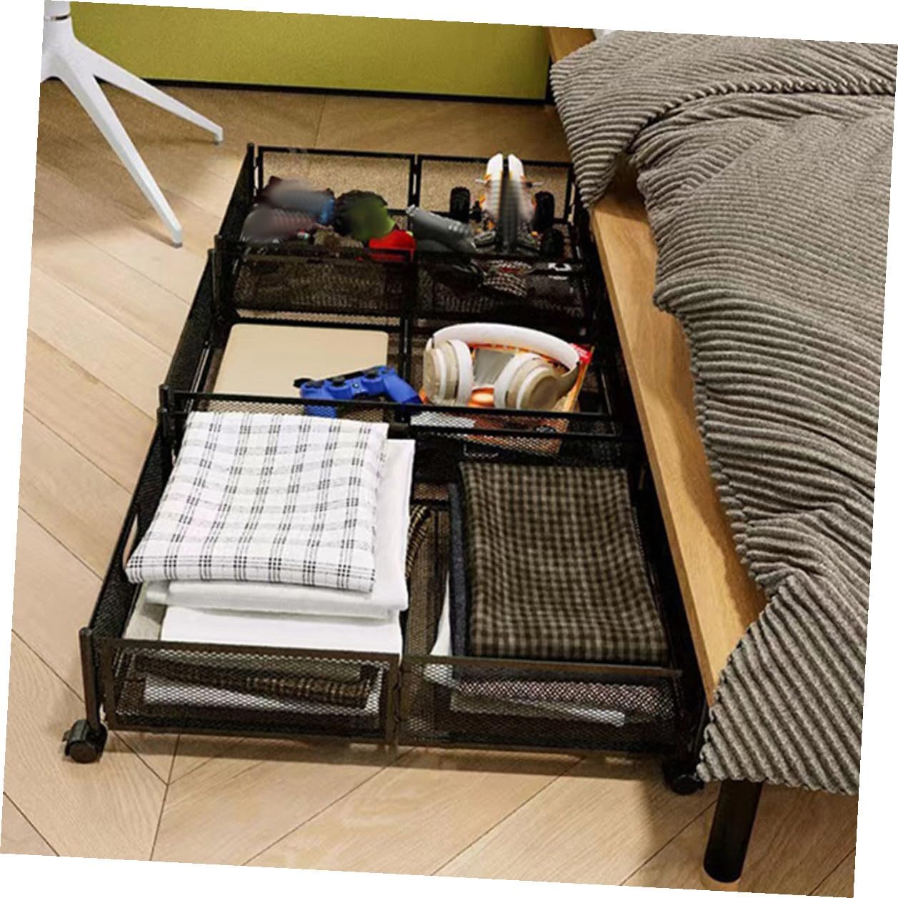 Sewroro Bed Storage Organizer with Wheels Foldable Large Metal Storage Rack Drawer Black Patterned Space-saving for Small Rooms