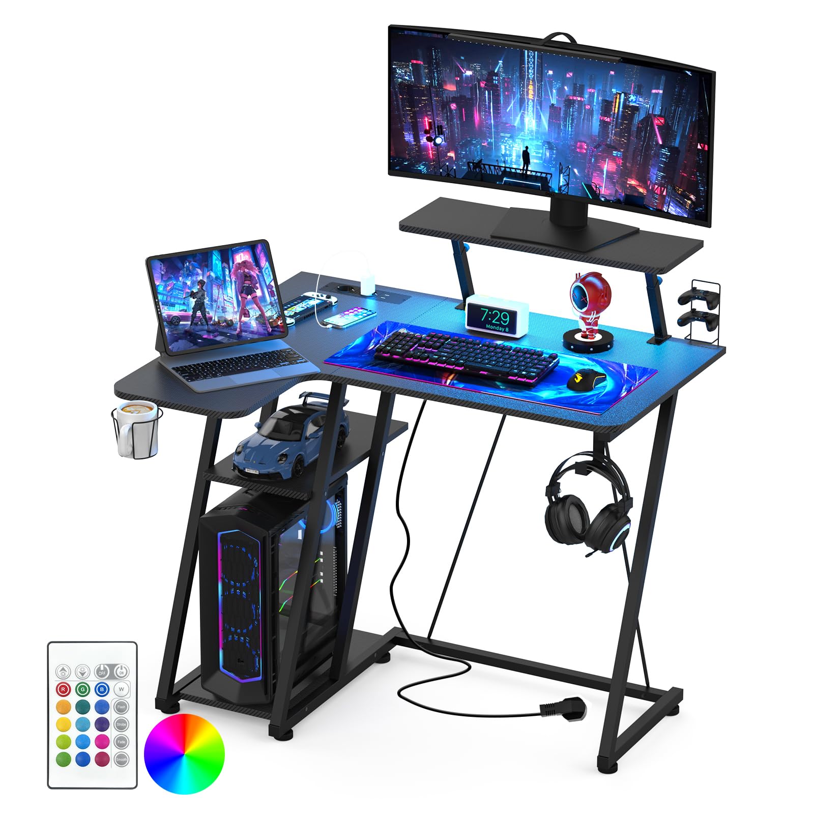 Bureau Gaming LED 100x80 cm, Table Gamer avec Rangement, 2 Prises Electriques et 2 Ports USB