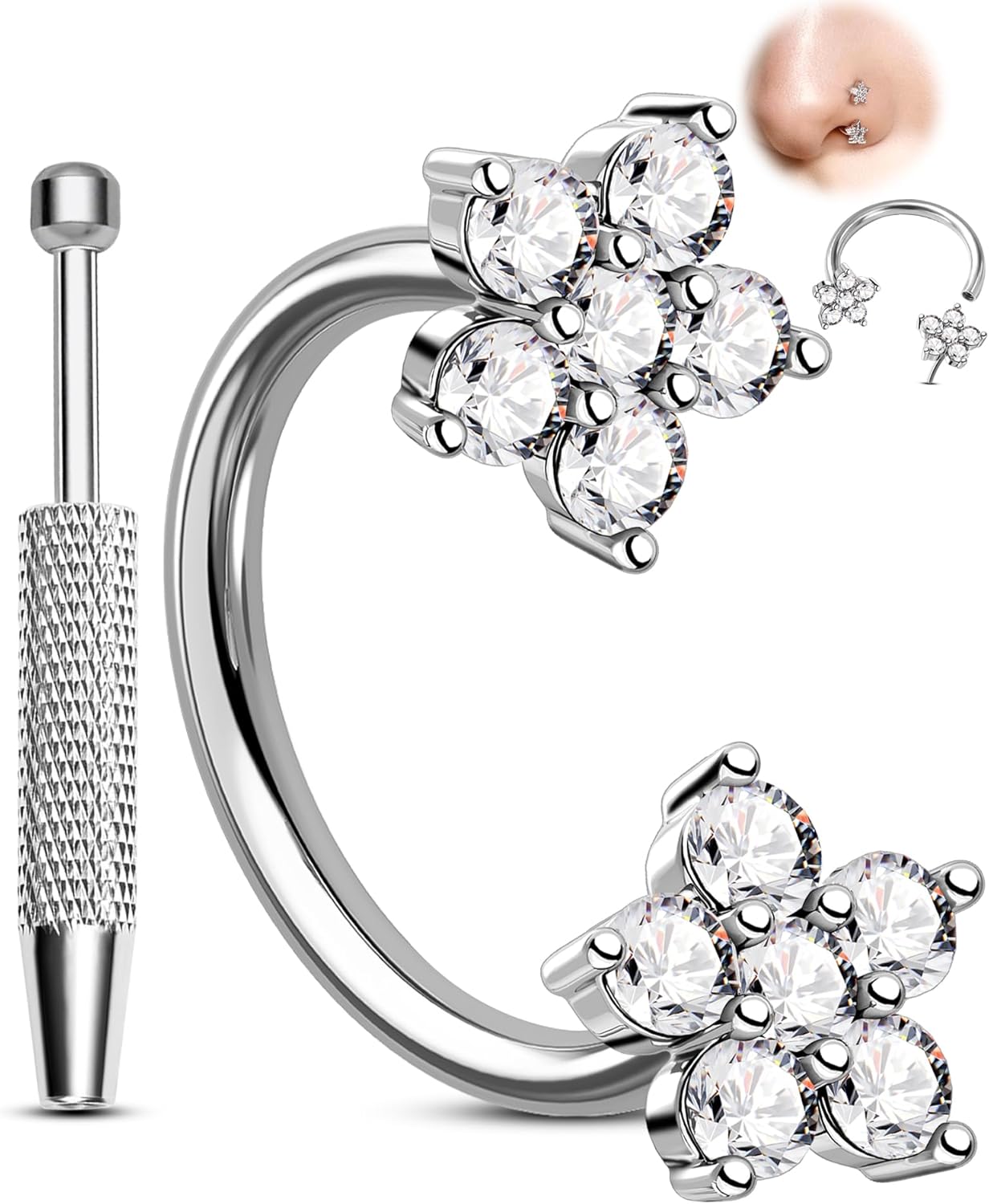 Melighting 20G Flower Horseshoe Nose Ring Hoop, Piercing Taper Ball Grabber Tool Set 316L Surgical Steel, CZ Clear Threadless Nose Septum Daith Lip Rook Helix Piercing Jewelry 7/8 mm