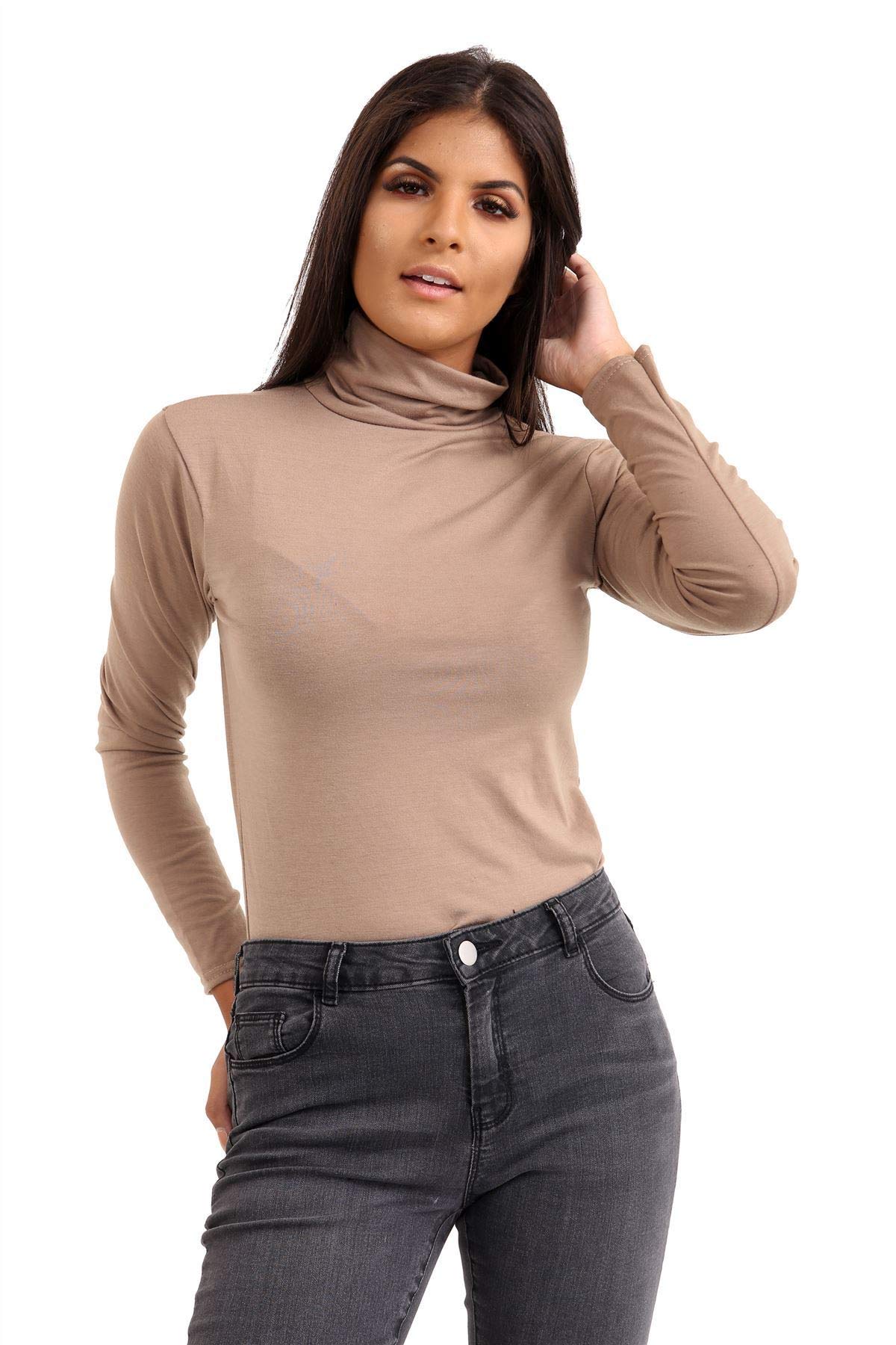 Janisramone Women's Mocha Long Sleeve Turtle Polo Neck T-Shirt Slim Fit Jersey Casual Basic Plain Tee Vest Top