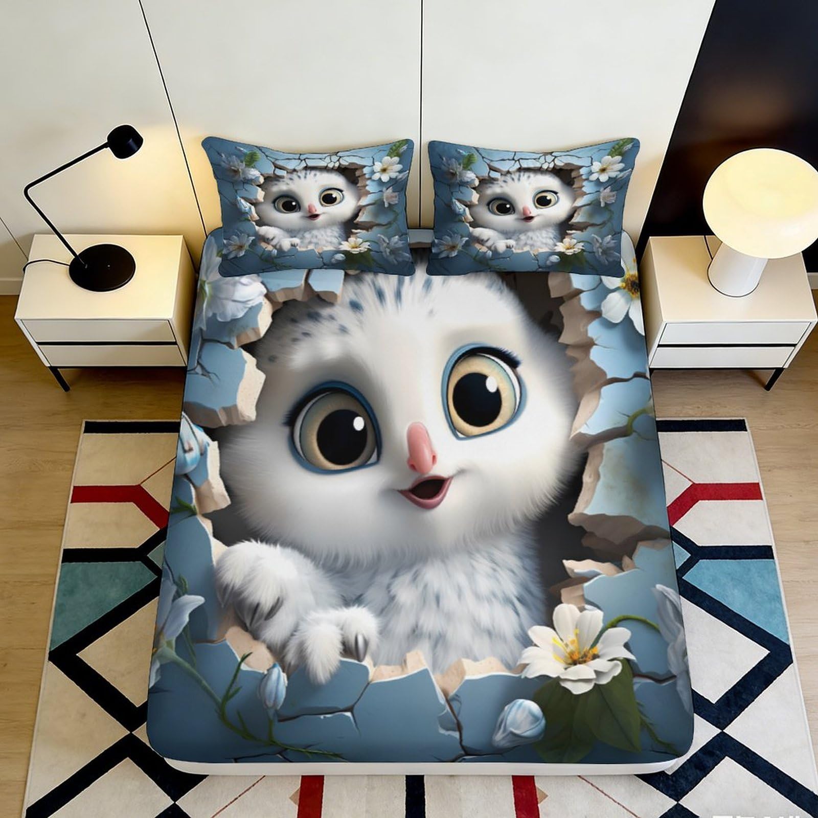 Uynsixtme Style-5 3D Printed Owl Cracked Pattern Fitted Sheet Microfiber Deep Pocket Bedroom Bedding Owl Mattress Fitted Cover Non-Slip Washable 140X200x25cm