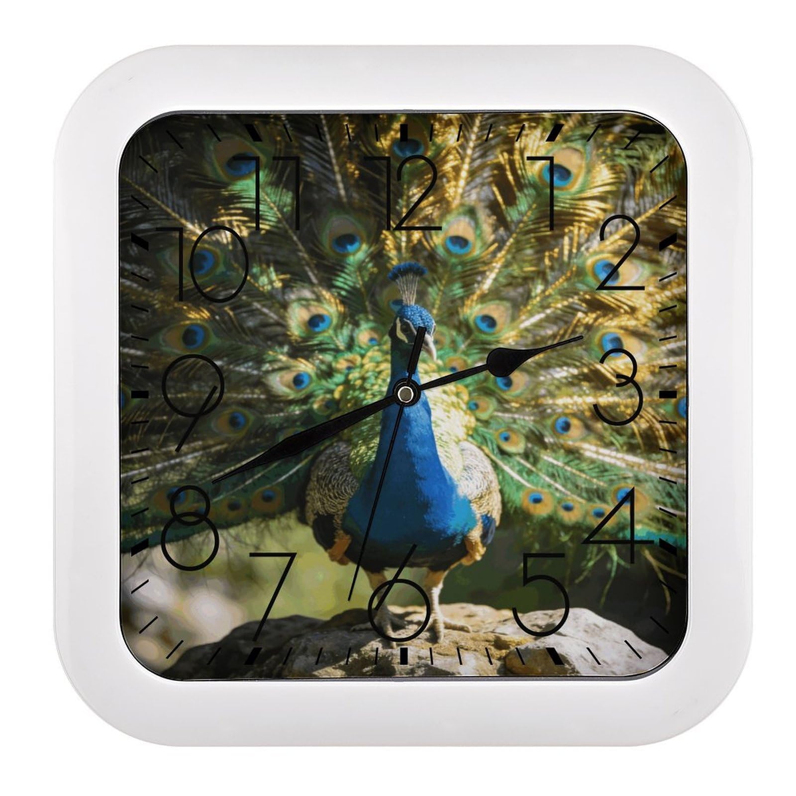 Fodpand Style Beautiful Peacock With Colorful Feathers Wall Clock,Battery Operated Modern Retro Rounded Square Clock Clock For Bedroom Living Room Office Home Gym Porch Decor Indoor Outdoor 10.2 * 10.2In