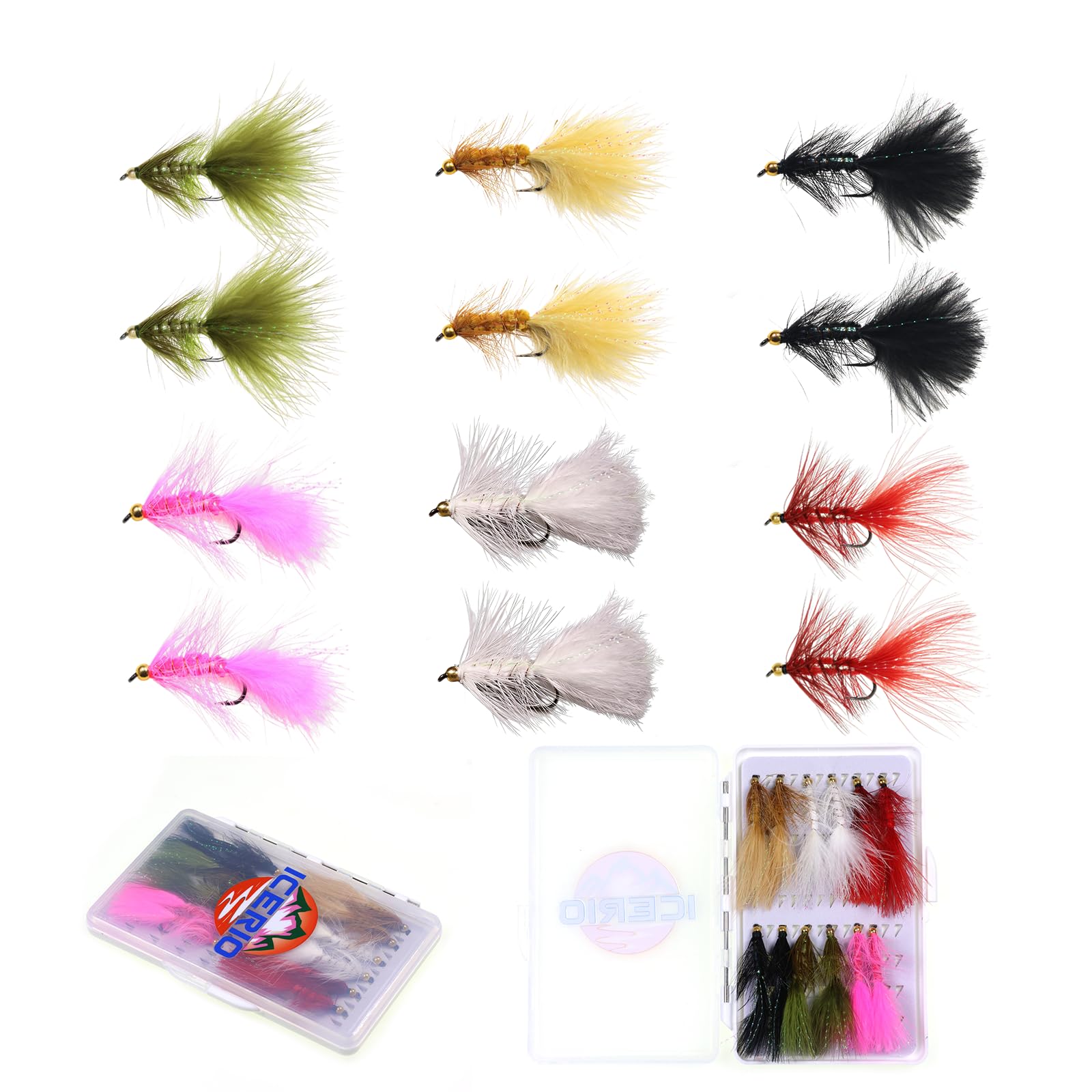 12PCS Fly Fishing Assortment,Woolly Bugger Flies for Trout and Bass Fly Fishing,Wet Nymphs Streamer Flies Fly Fishing Lures and Waterproof Box