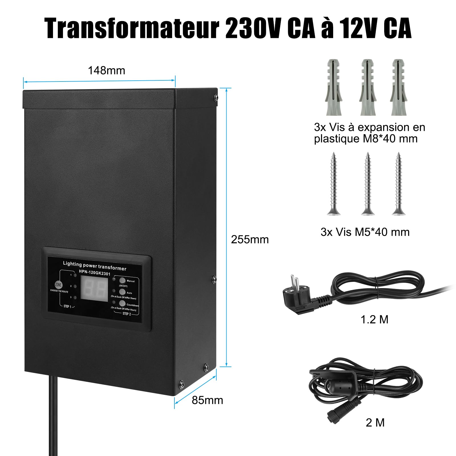 COOLWEST 120W Transformateur 220V 12V AC avec Capteur de Lumière, Alimentation 10A Extérieur avec Fiche, Transfo LED avec Minuterie pour Eclairage de Jardin, Halogène MR16 GU5.3, Eclairage de Piscine