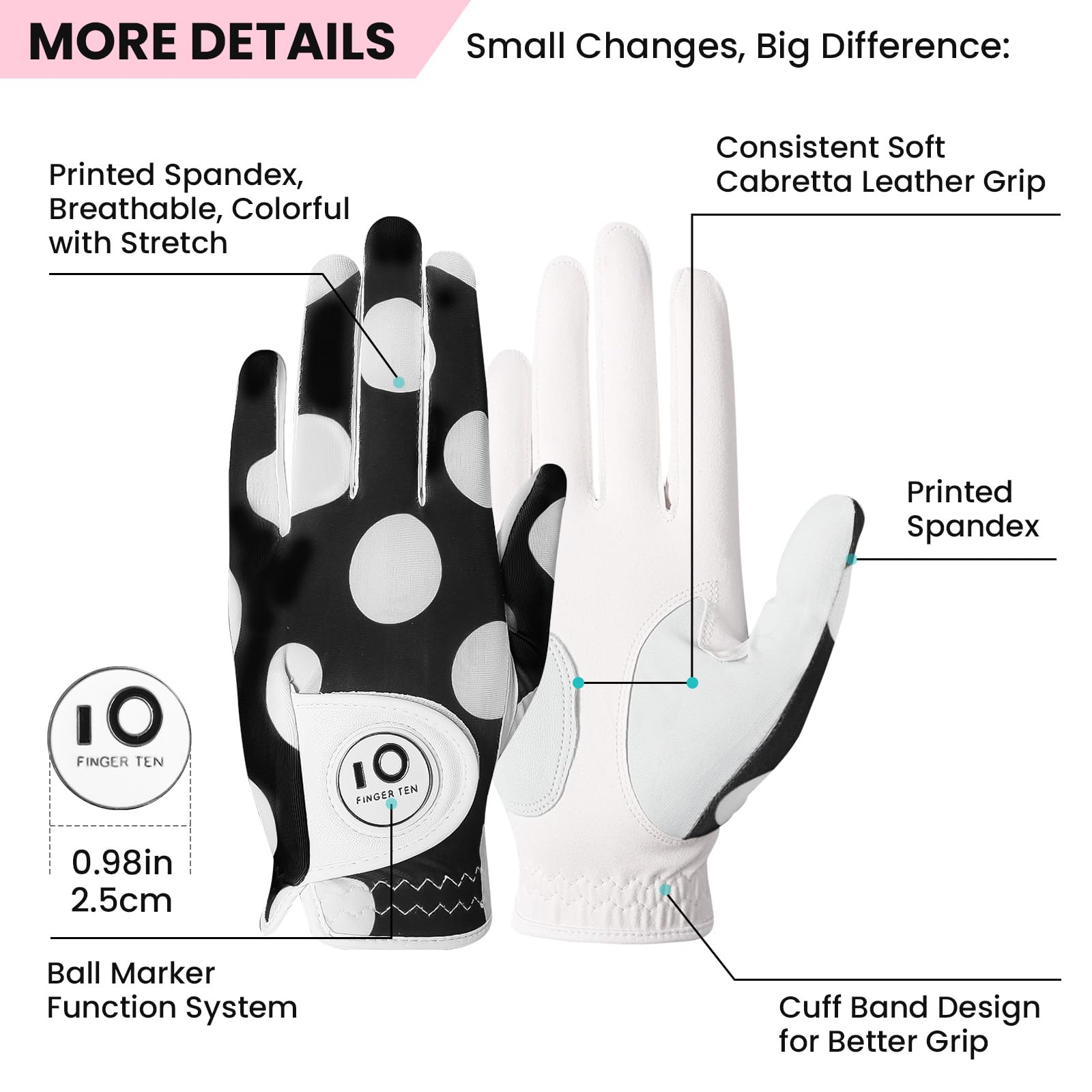 Golf Gloves Ladies Left Hand Right Cabretta Leather with Ball Marker Full Finger/Nail Colors Value Pack - Image 2