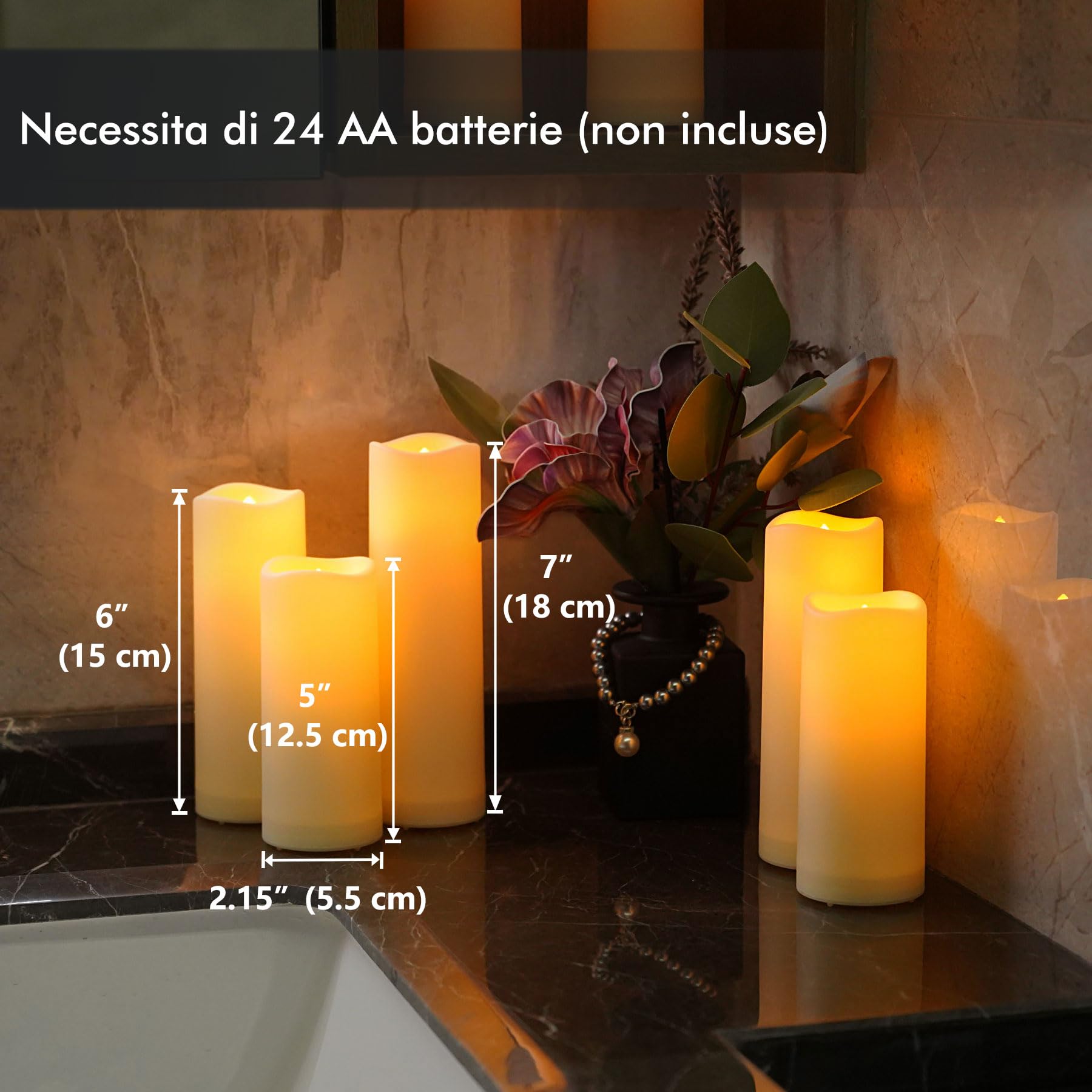 Fanna 12 Candele a LED Resistenti all'acqua con 2 Telecomandi, Candele Finte con Timer per Chiese e Matrimoni, Uso Esterno - Ø 5,5cm, H 12,5/15/ 18 cm