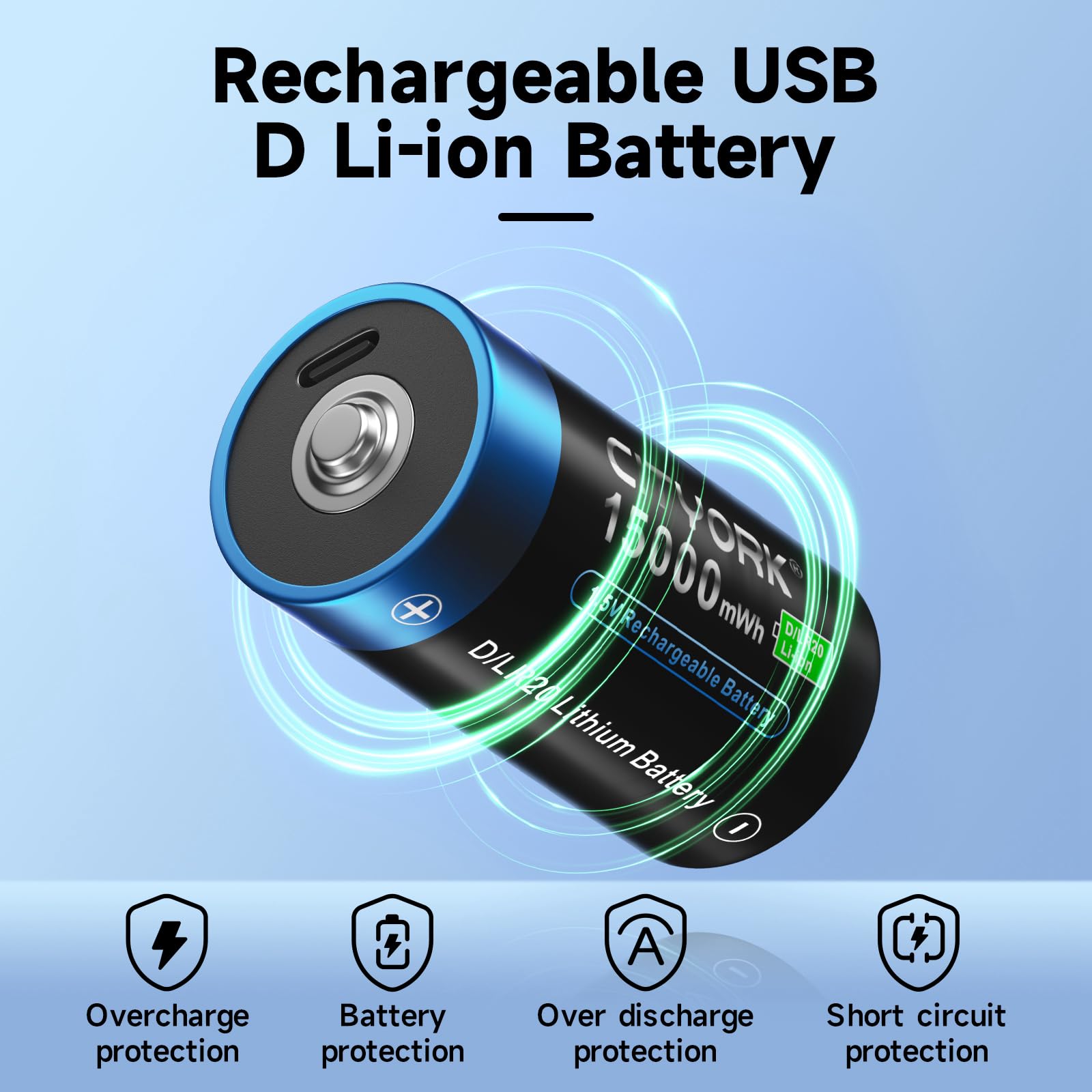 CITYORK 15000mWh 1,5v USB D Akku Wiederaufladbar mit USB-C Ladekabel (8 Stück), Lithium-Ionen Aufladbare USB D Batterie, Mono D LR20 Akku Zellen, über 1000 Zyklen und Recycelbar - Ohne Speicher Effekt
