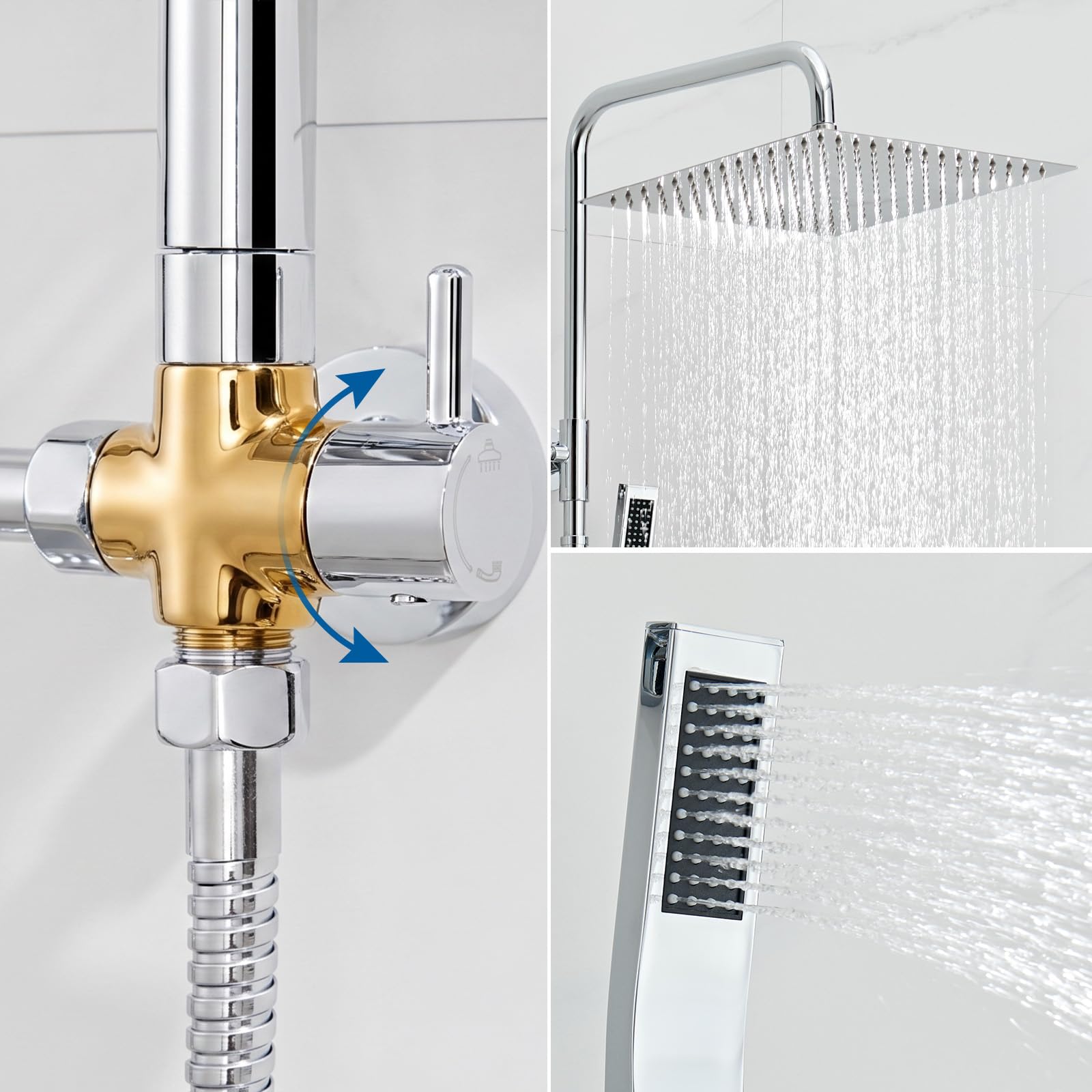 Auralum Columna Ducha Sin Grifo, Rociador de Ducha 30x30cm Acero Inoxidable 304, Alcachofa Ajustable y Estante Sin Taladro, Barra Ducha 62-102cm Compatible Orificios Existentes para Bañera, Cromo