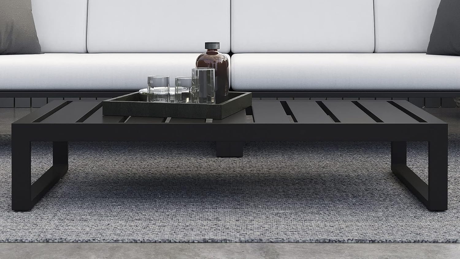 Modern Kore Outdoor Retangular Coffee Table with Powder Coated Aluminum Frame in Black