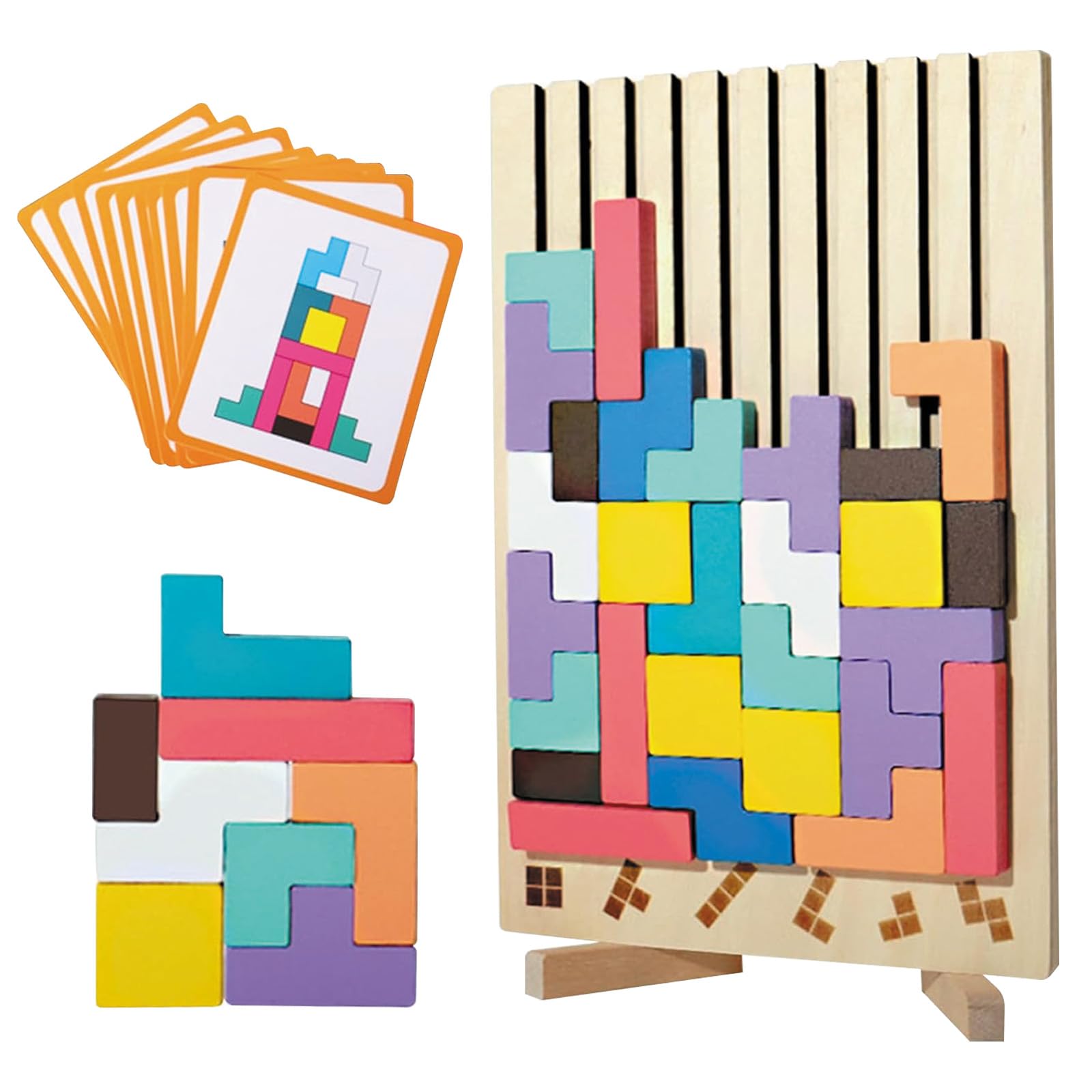 Wooden Stacking Puzzle Toy, 3D wooden puzzle for Kids & Adults, Stress Relief Colourful Intelligence Building Toy with 10 Challenge Cards for Adults,Family Activity and Gift