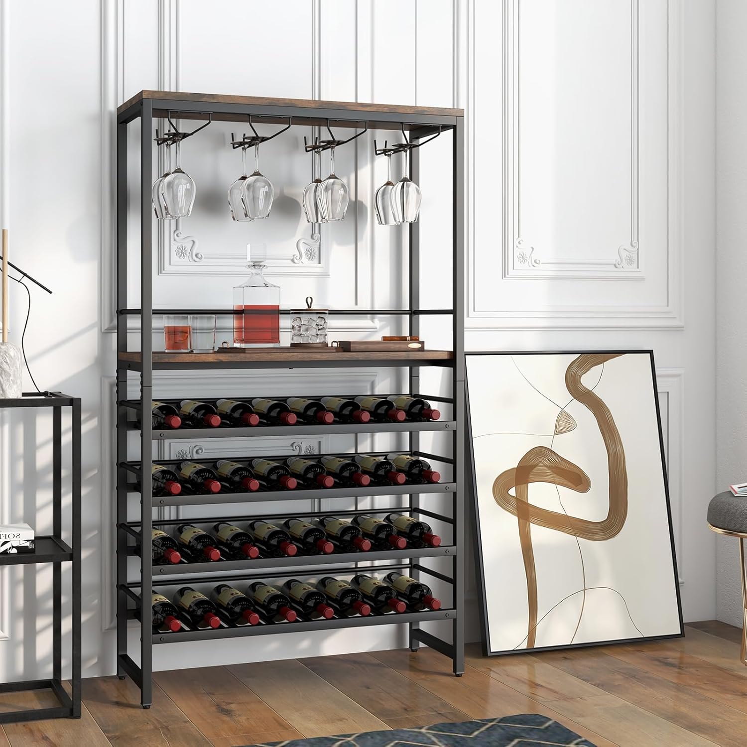 Giantex Freestanding Wine Rack for 32 Bottles & 16 Glasses, 4-Tier Storage & Stemware Racks, Multifunctional Wine Display Stand