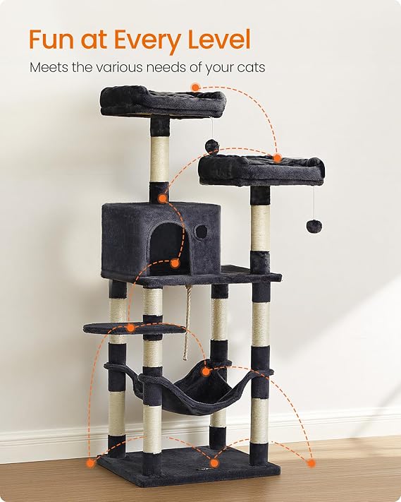 Feandrea Cat Tree, 55.8-Inch Large Cat Tower, Multi-Level Condo, Smoky Gray