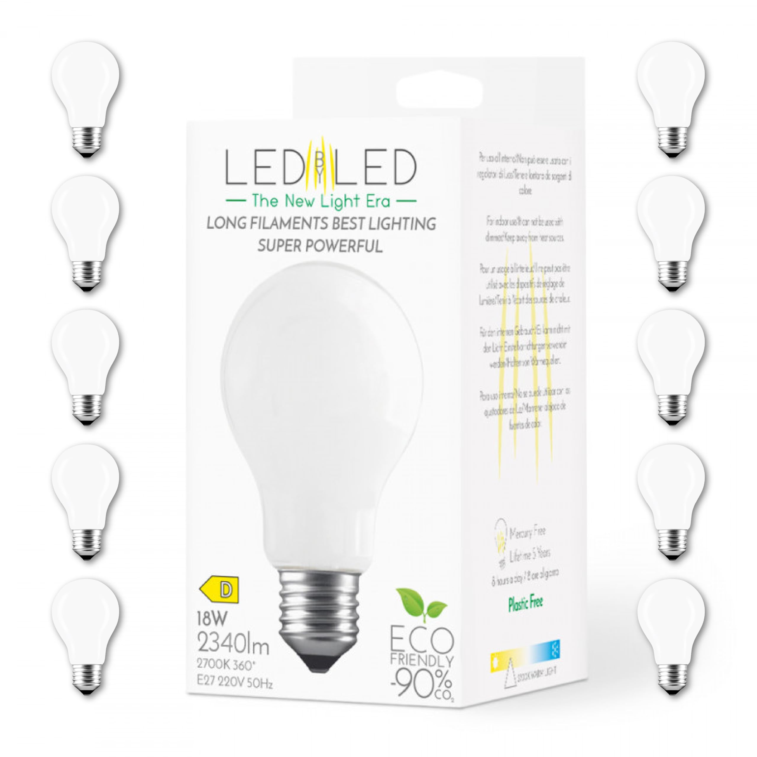 Lampadina Goccia 18W Pari a 180W, E27, Vetro Milky, 2700K Luce Calda, filamento LED dritto, 2452 Lumen, Pack 10 Pezzi