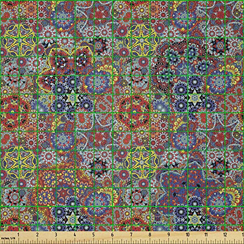 Image of Ambesonne Batik Fabric by The Yard, Vintage Combined Nested Paisley Motif Oriental Feminine Cultural Eastern Batik Theme, Stretch Knit Fabric for Clothing Sewing and Arts Crafts, 1 Yard, Red Navy