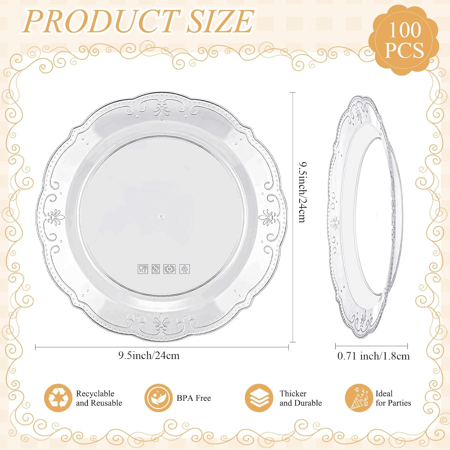 100 Pieces Plastic Plates 9.5 Inch Washable Reusable Disposable Heavy Duty Hard Fancy Dessert Plates for Weddings Dinner Parties and Events(Classic Style, Clear)