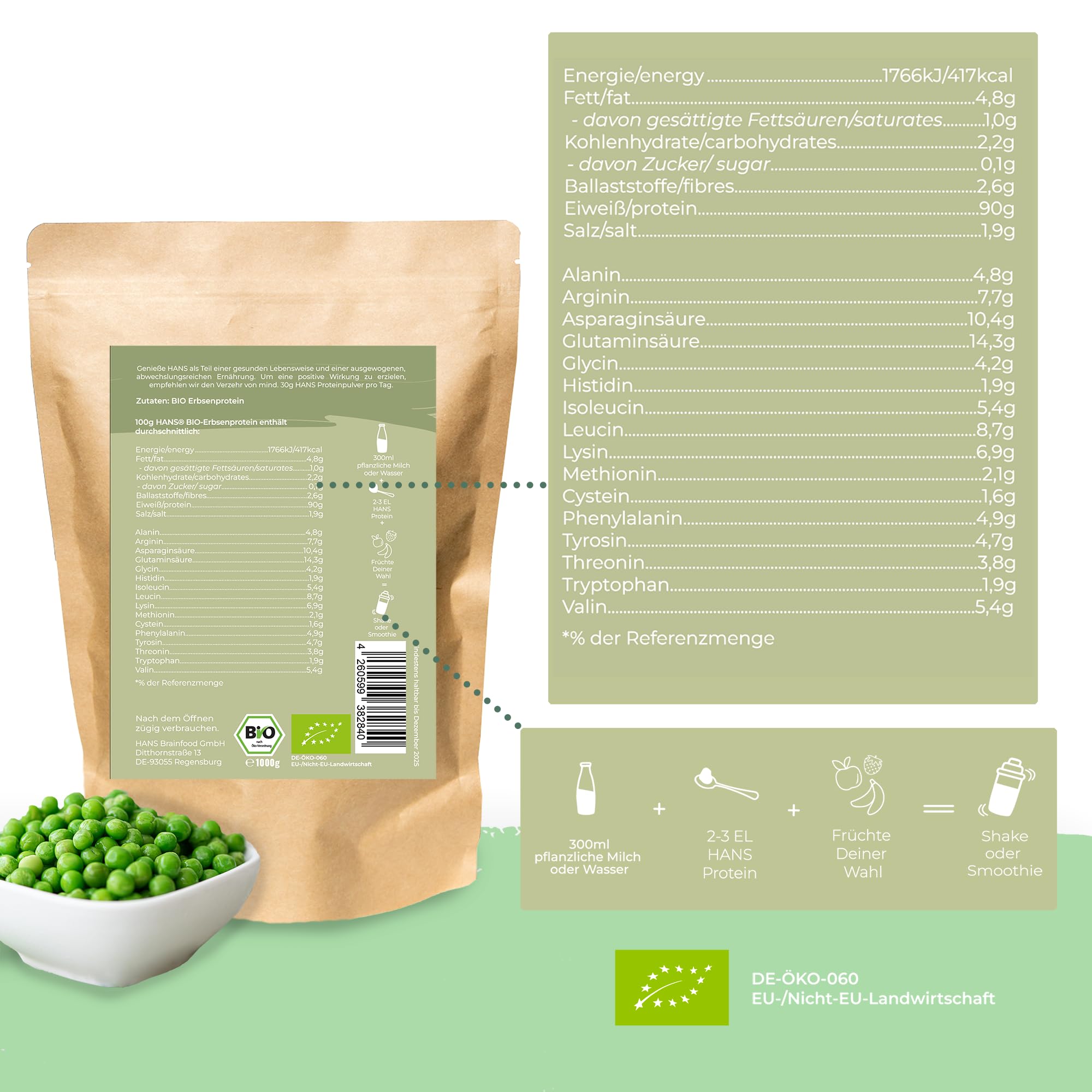 HANS Brainfood 90% Bio ULTRA fermentiertes Erbsenprotein Pulver cremig 1kg neutral - Veganes Proteinpulver cremig Mit Optimalem Aminosäurenprofil & Gut löslich - Bio Protein Pulver (1000g)
