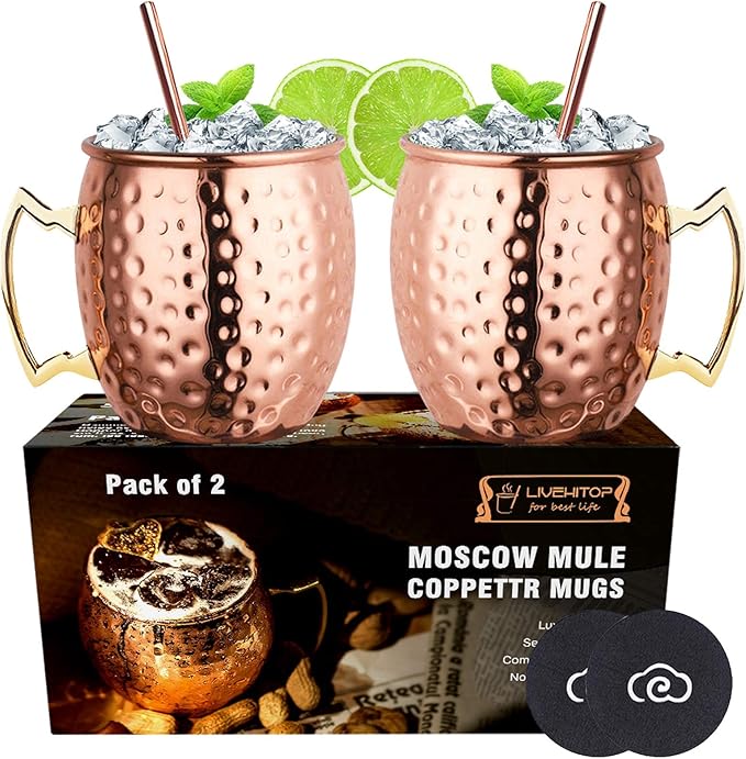 LIVEHITOP Moscow Mule Copper plated Mugs Set of 2, Copper