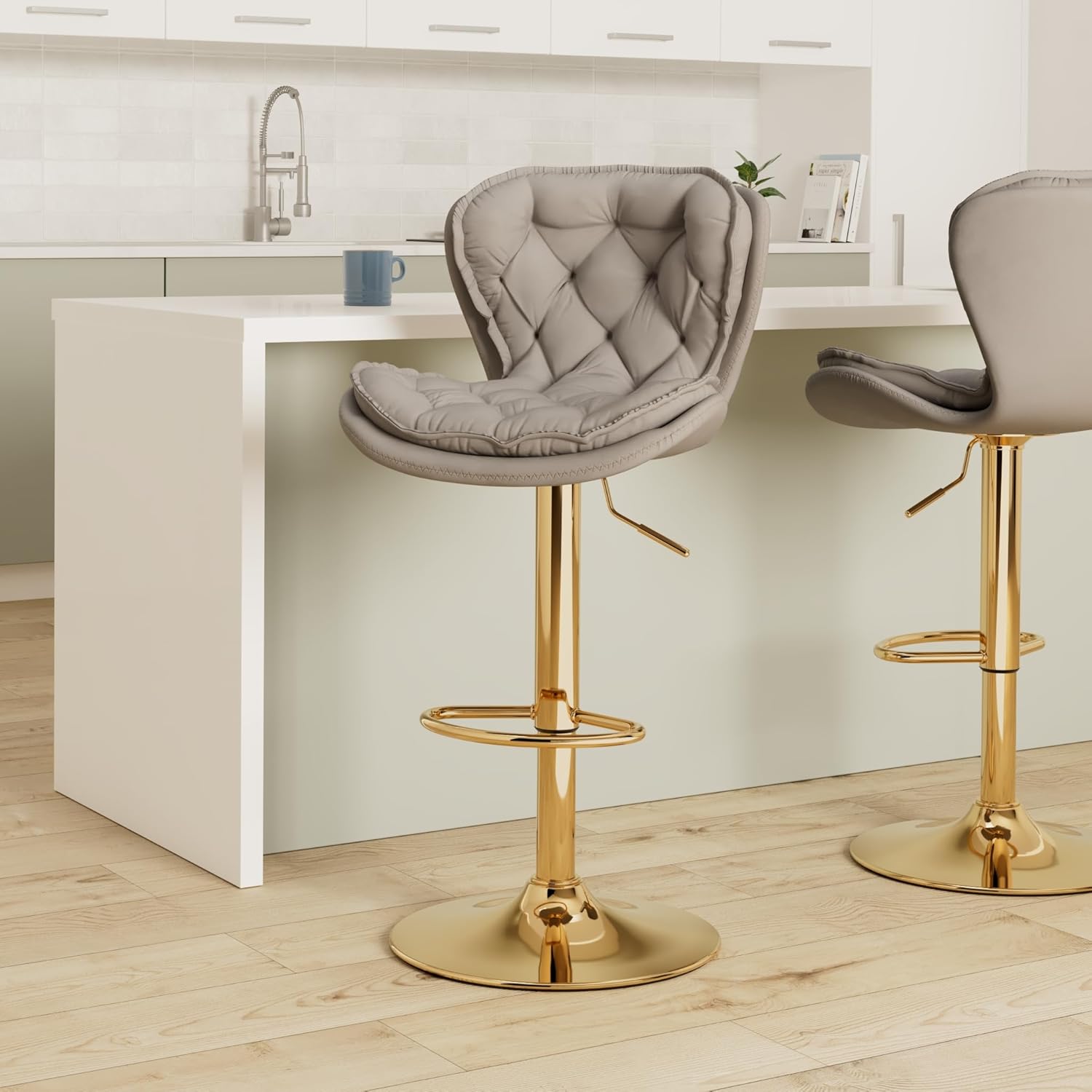 KINFFICT Bar Stools Set of 4, Velvet Counter Height Adjustable Barstools, Swivel Dining Bar Chairs Upholstered Modern Bar Stool for Kitchen Island, Cafe, Bar, Counter, Dining Room, Grey