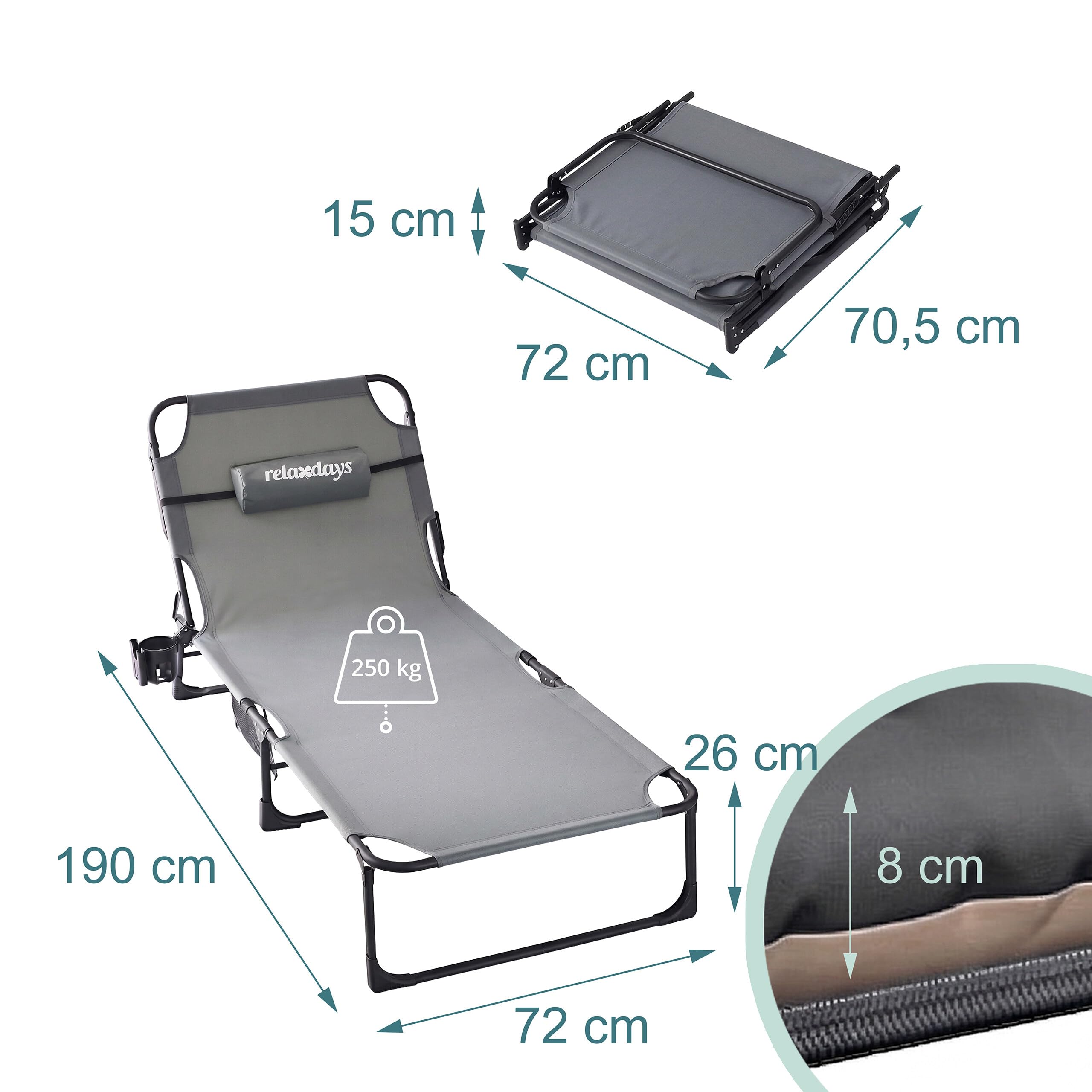 Relaxdays Letto Campeggio Pieghevole con Materasso, Cuscino nuca e Porta Smartphone, Max 250 kg, 26x190x72 cm, Grigio