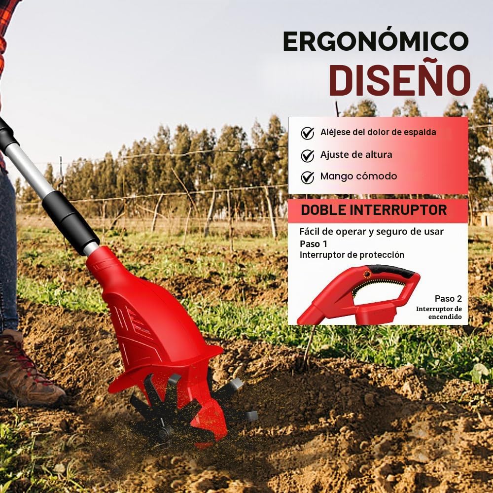Motoazada Eléctrica Sin Cable, Motocultor Eléctrico con 2 Baterías de 3000 mAh, Ancho de Trabajo 25 cm, Profundidad de Labranza 15 cm, Velocidad 360 RPM, para Césped, Huerto y Jardín