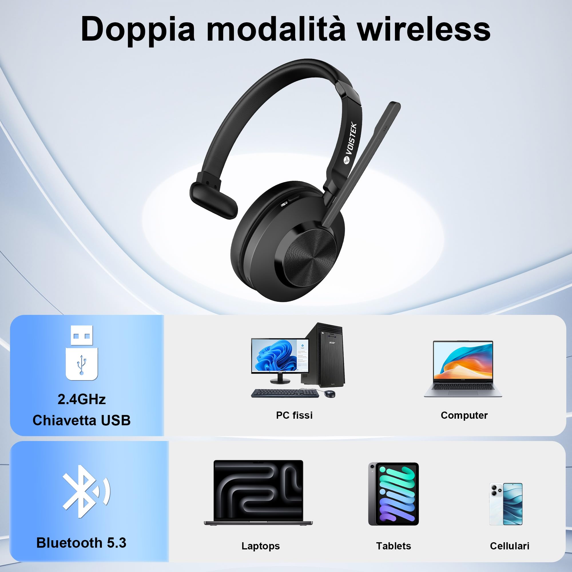 Voistek Cuffie Bluetooth Wireless con Microfono e Cancellazione del Rumore, Dongle USB per PC, Pulsante Muto, Ideali per Ufficio, Meeting, Zoom, Call Center, Homeoffice, Computer(Nero senza base)