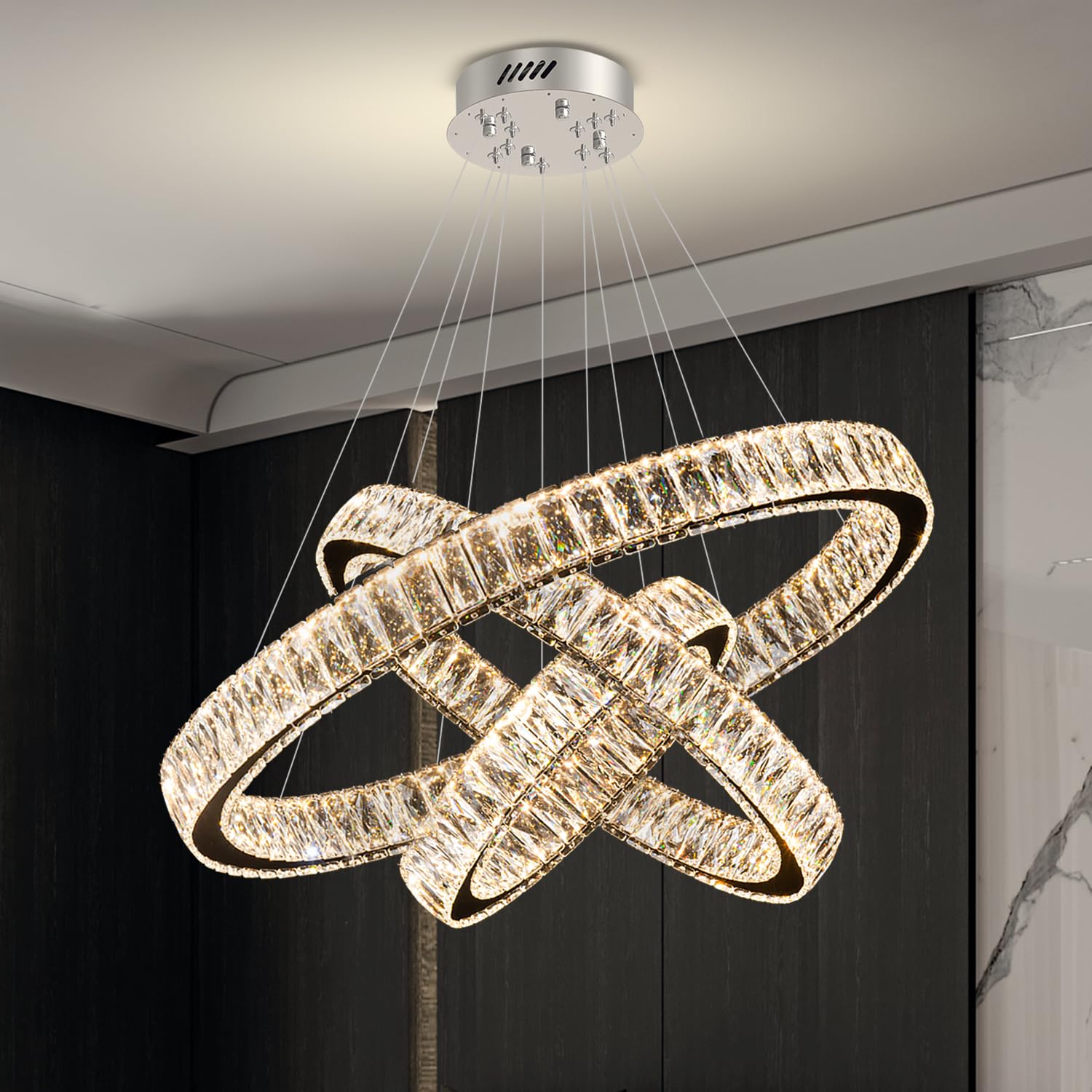 32"+24"+16" 3 Rings Crystal Chandeliers for Living Room Foyer Hallway Staircase High Ceiling Chandeliers Long Hanging Pendant Light LED Dimmable 3000-6000K