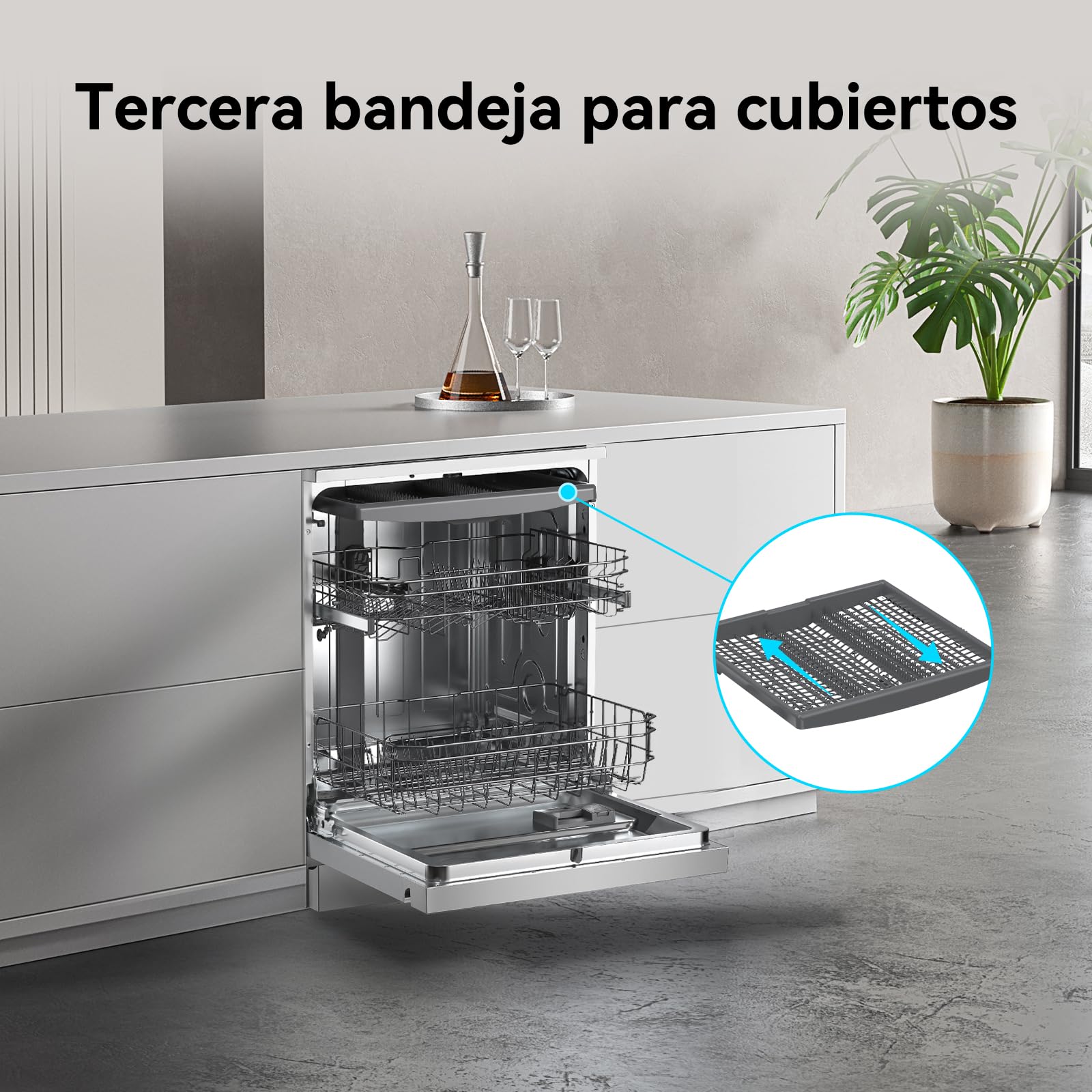 VOK Lavavajillas 60 cm 14 Cubiertos Inox – 3ª Bandeja, 8 Programas, 47 dB Silencioso, Apertura Automática, Aquastop, Cesta Ajustable – Eficiencia Energética C – Instalación Incluida