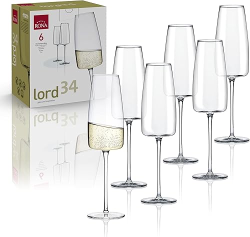 Lord - Flauta de champán de 11 onzas, juego de 6, colección Lord, juego de fiesta y copas de champán, cristal cristalino, ideal para el hogar,