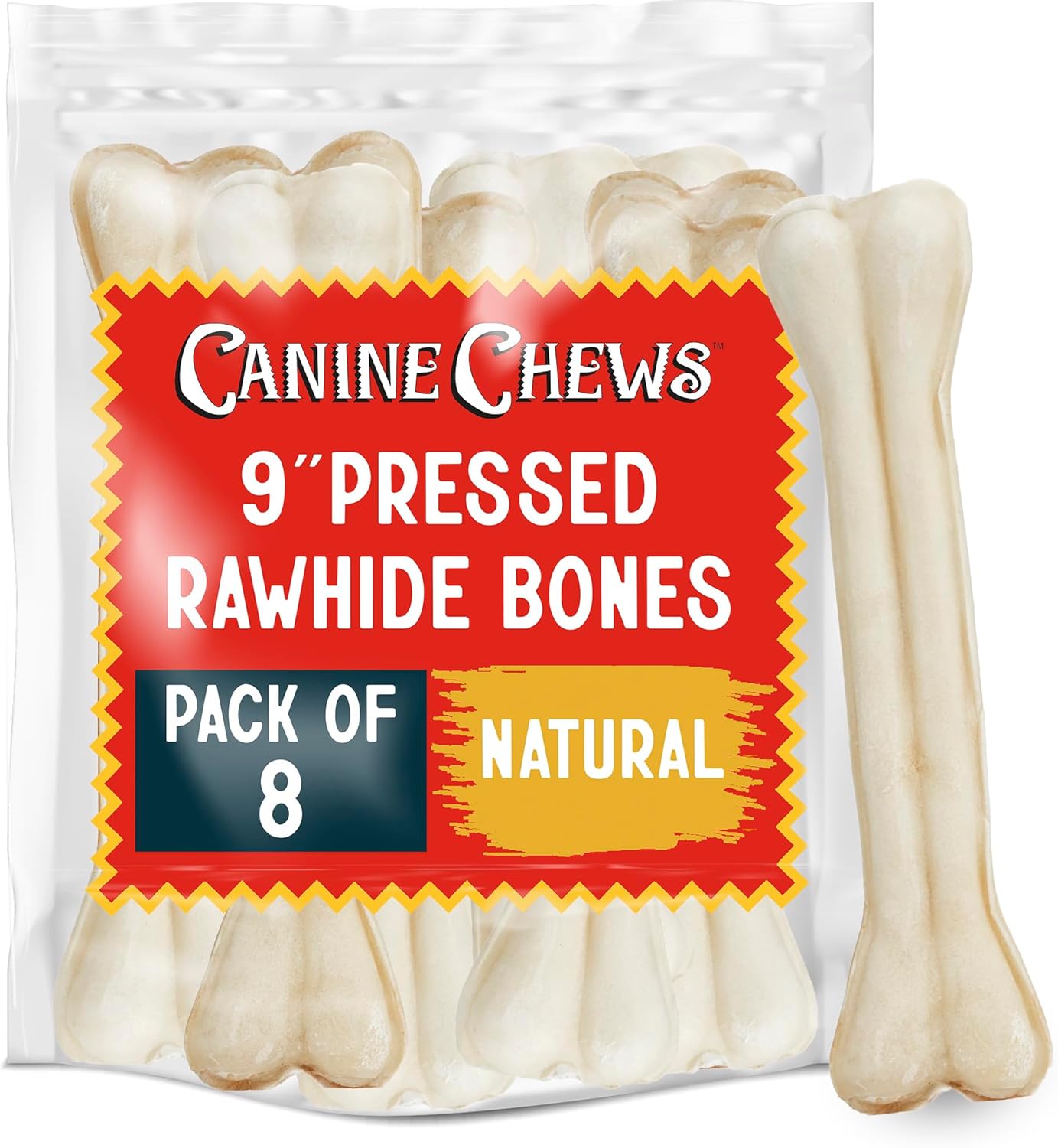 Canine Chews Pressed Rawhide Bones for Large Dogs - 9" Long Lasting Dog Chews - Compressed Beefhide Large Dog Chew Bones - Chew Toy Dog Bones - Raw Hide Bones Dog for Aggressive Chewers (9 inch, 8pk)